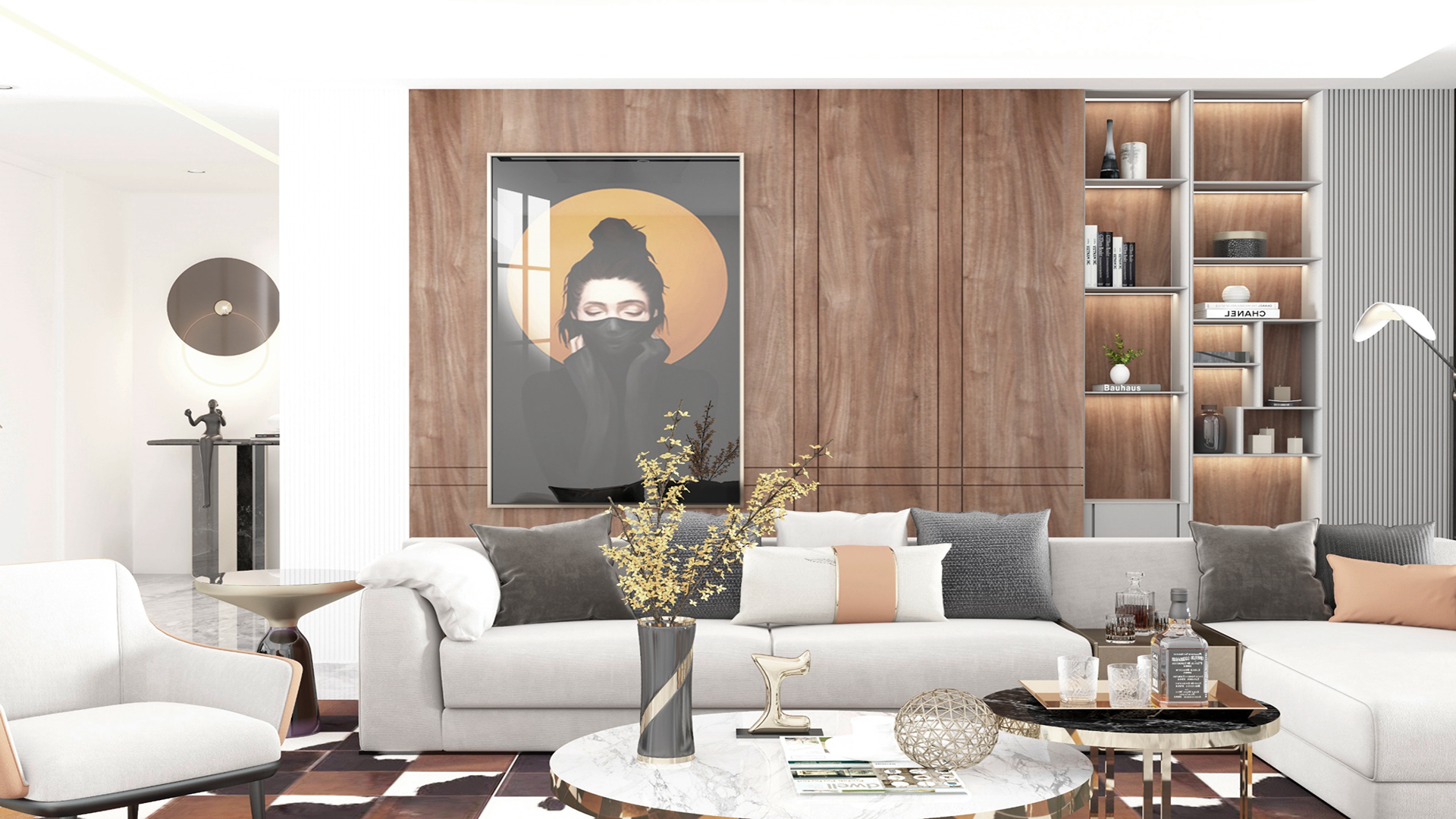 Brown wood laminate wall with matte finish in modern living room interior with white furniture and decorative items