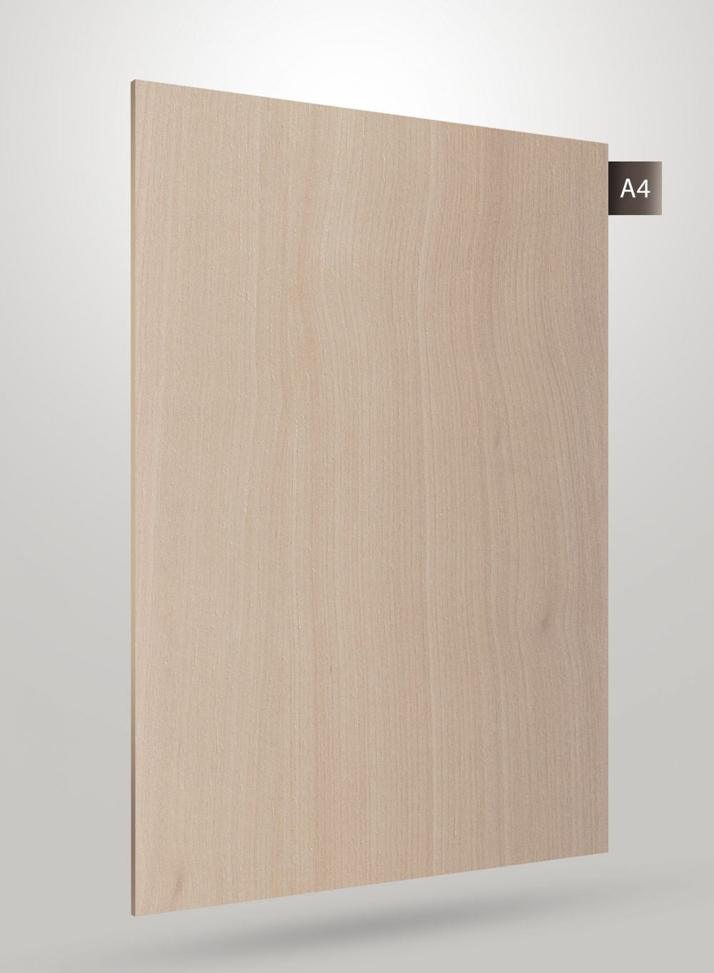 Beige wood grain decorative laminate with matte finish and visible wood texture and grain pattern on a square sheet.