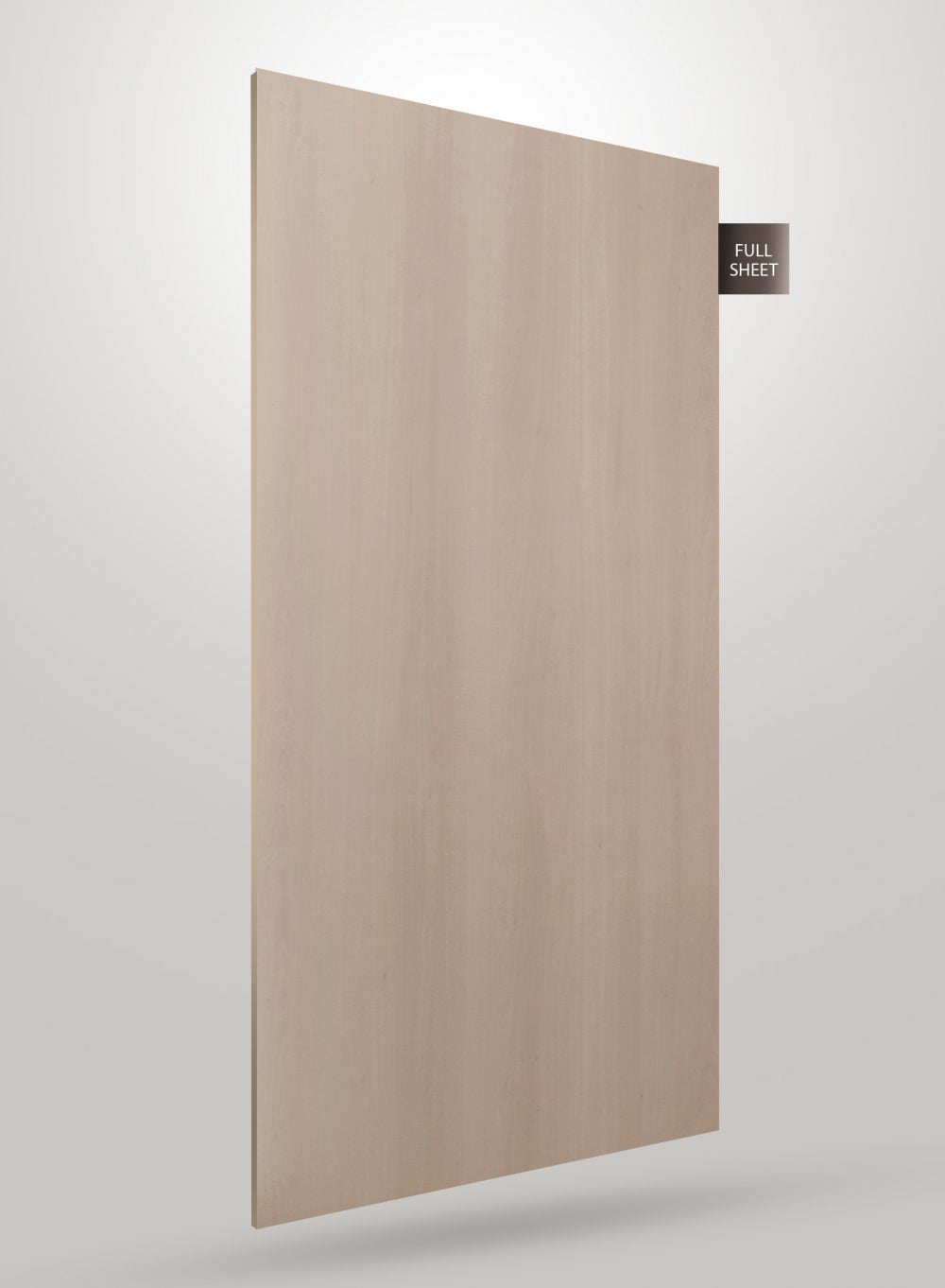 Beige wood grain decorative laminate sheet with matte finish and vertical wood pattern texture, labeled full sheet.