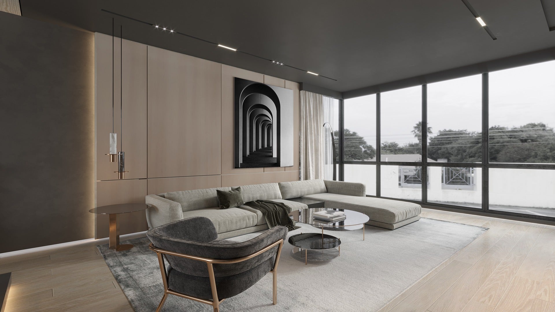 Beige wood laminate wall panels with matte finish in modern living room interior with minimalist decor and large windows