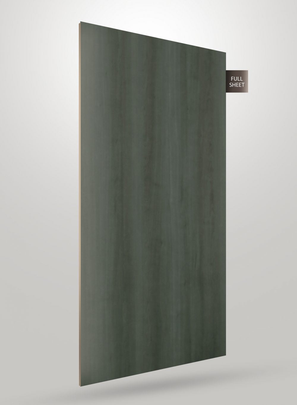 Green wood grain laminate sheet with matte finish and visible wood texture, labeled full sheet.