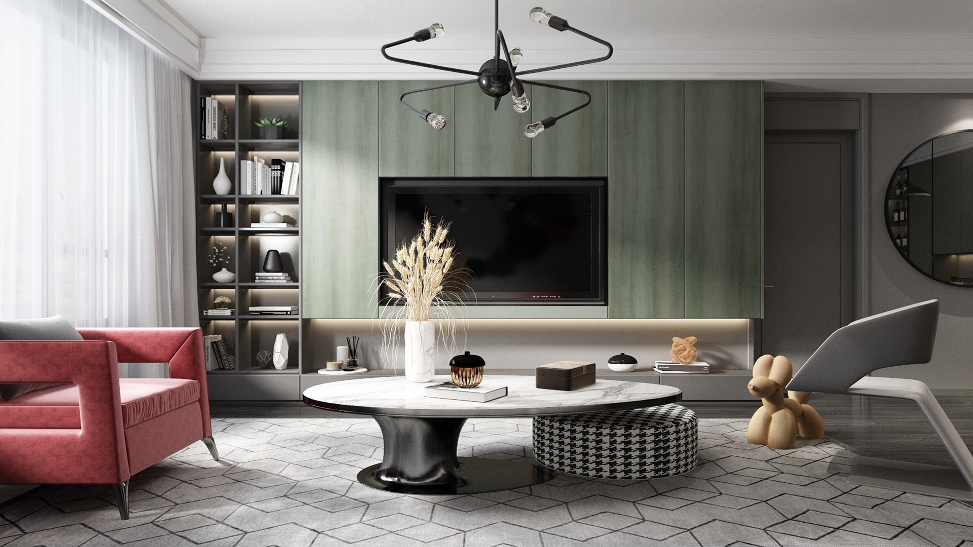 Green wood laminate wall panel with matte finish in modern living room setting with furniture and decor items around it