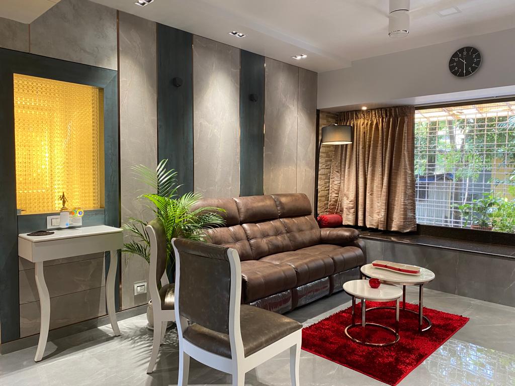 Green wood grain laminate wall panels with matte finish in a modern living room with furniture and decor