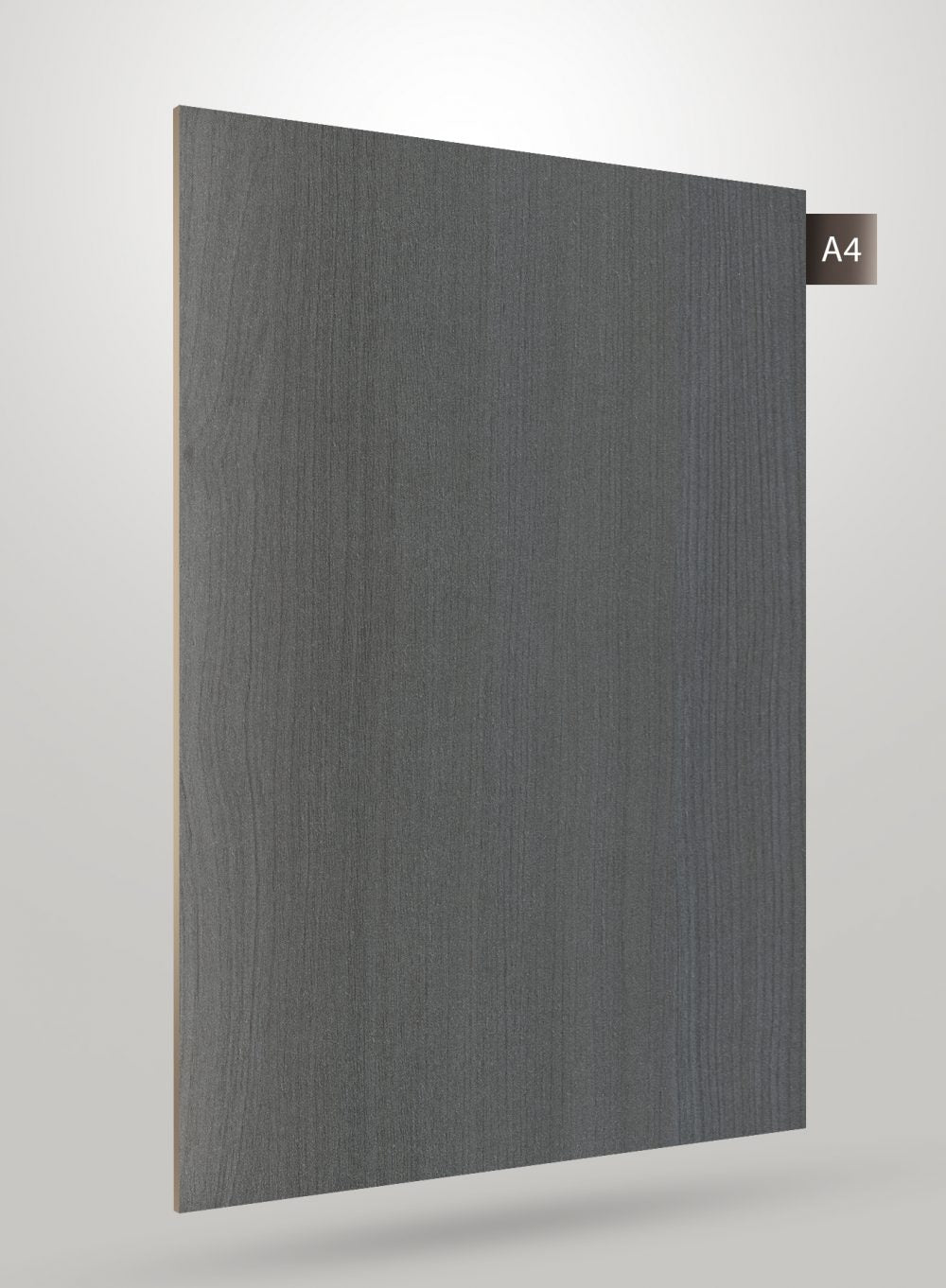 Grey wood grain decorative laminate with matte finish and visible texture on a plain background with code label A4