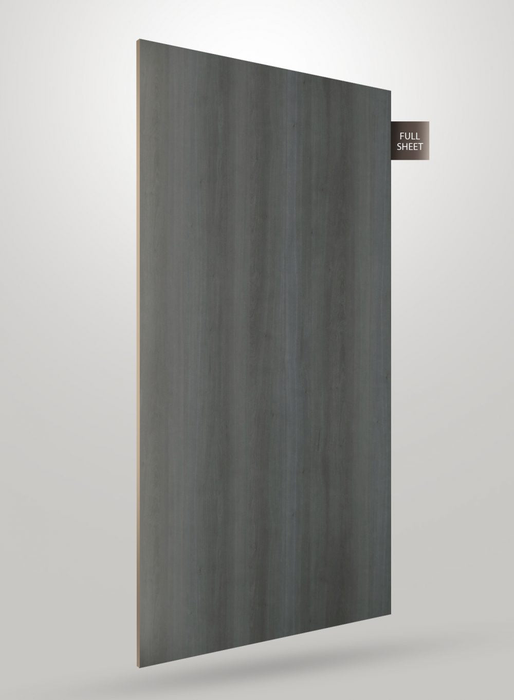 Grey wood grain decorative laminate with matte finish and visible texture, shown as a full sheet.