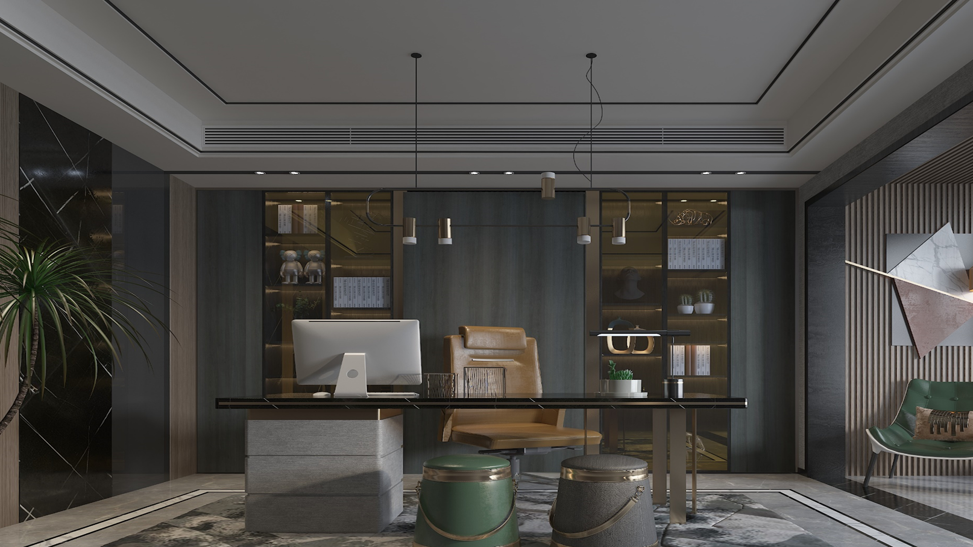 Grey wood laminate wall in modern office with dark decor and furniture, showing matte finish and wood grain texture.