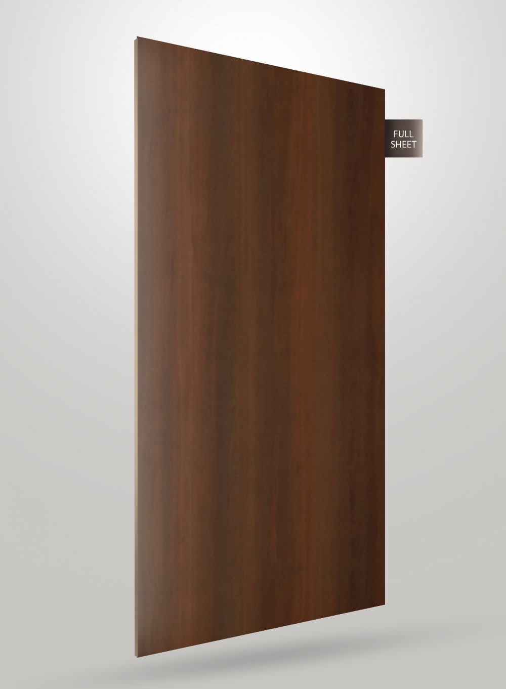 Brown wood grain decorative laminate with matte finish and visible wood texture, shown as a full sheet.