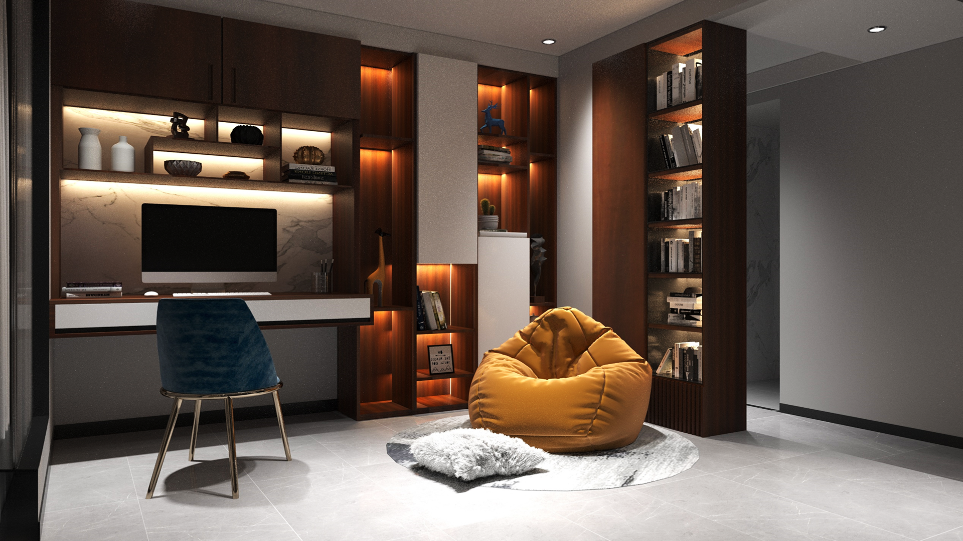 Brown wood laminate used in modern study room with shelves and desk, featuring matte finish and wood grain texture.