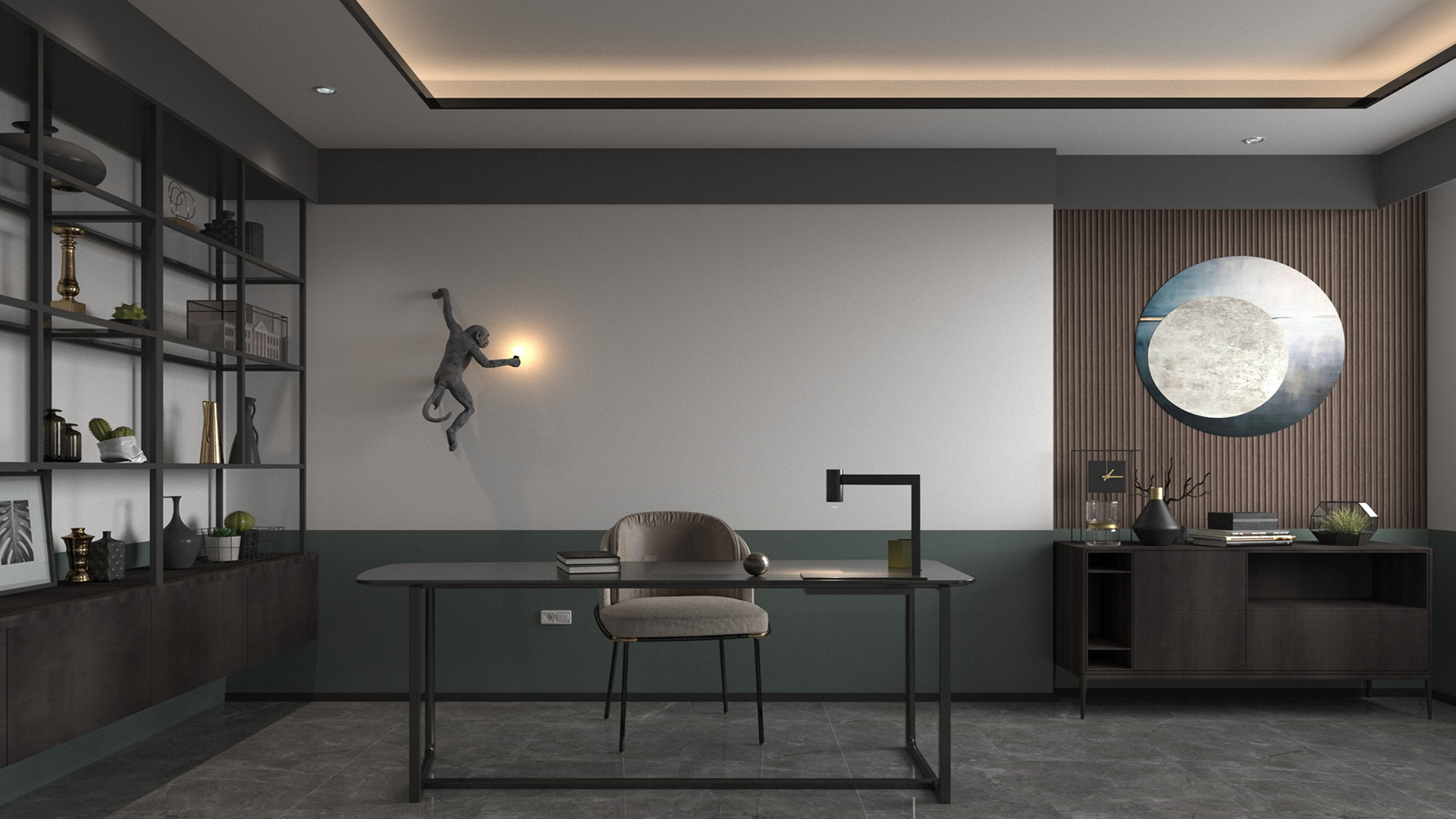 Wood veneer laminate wall panel with matte finish and wood grain texture used in modern office interior design setting