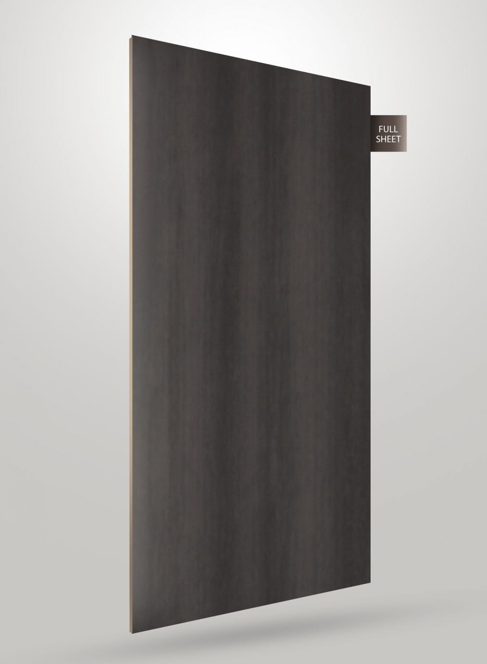 Dark wood grain laminate sheet with matte finish and vertical wood pattern, labeled full sheet.
