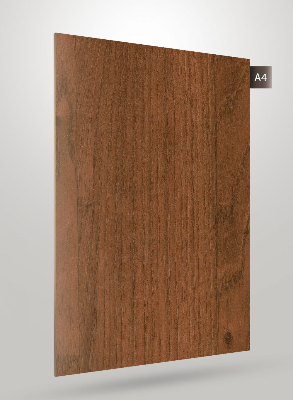 Brown wood grain decorative laminate with matte finish and vertical wood texture pattern.