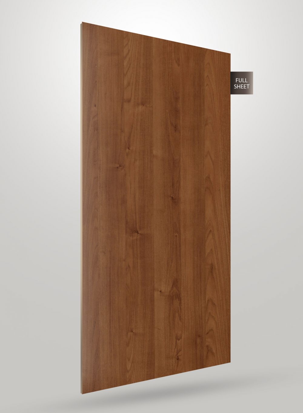 Brown wood grain decorative laminate with matte finish and visible wood texture and knots, labeled full sheet.