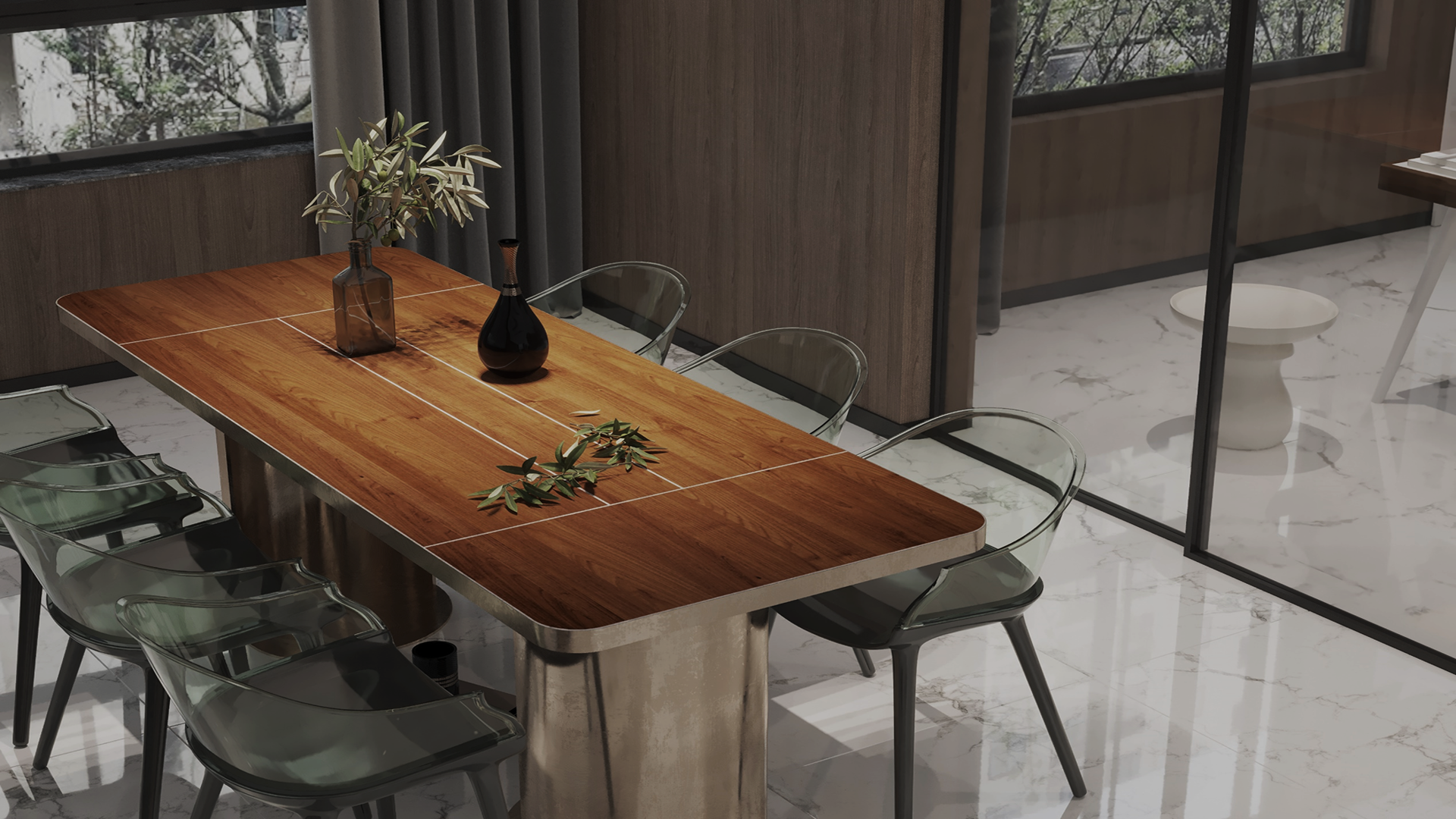 Brown wood grain laminate table top with matte finish and visible wood texture in a modern dining room setting.