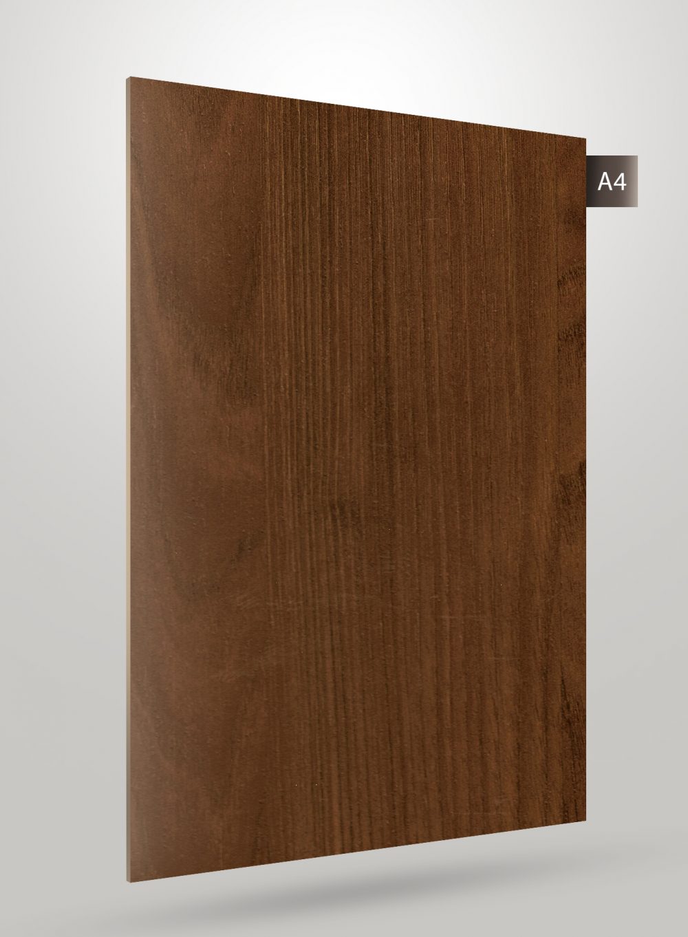 Brown wood grain decorative laminate with matte finish and vertical wood pattern, displayed on a white background with code