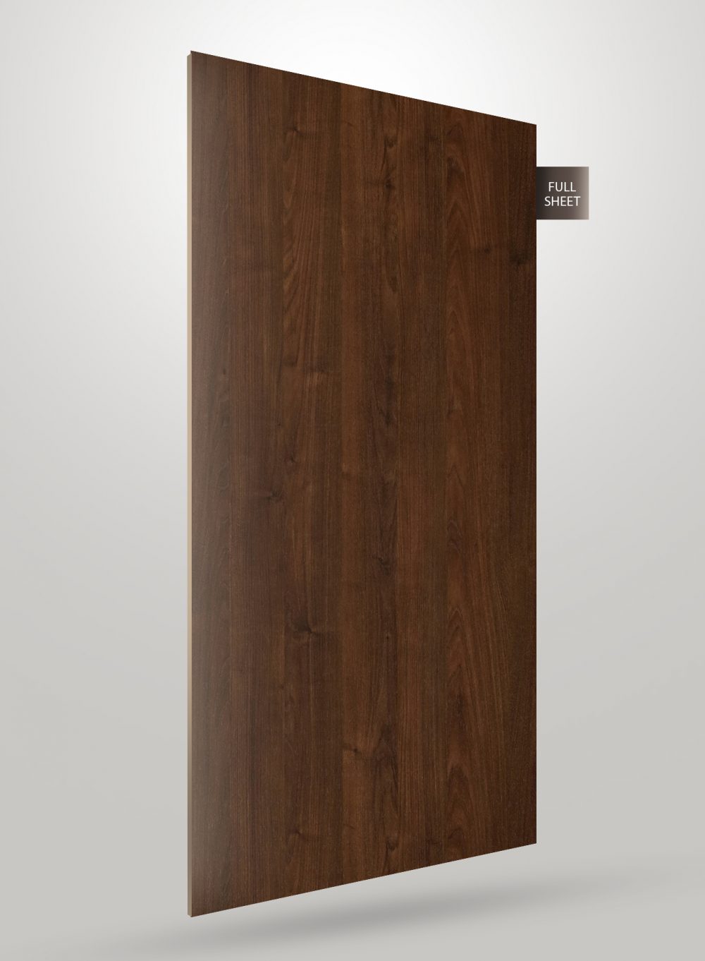Brown wood grain decorative laminate sheet with matte finish and visible wood texture and grain pattern on full sheet.