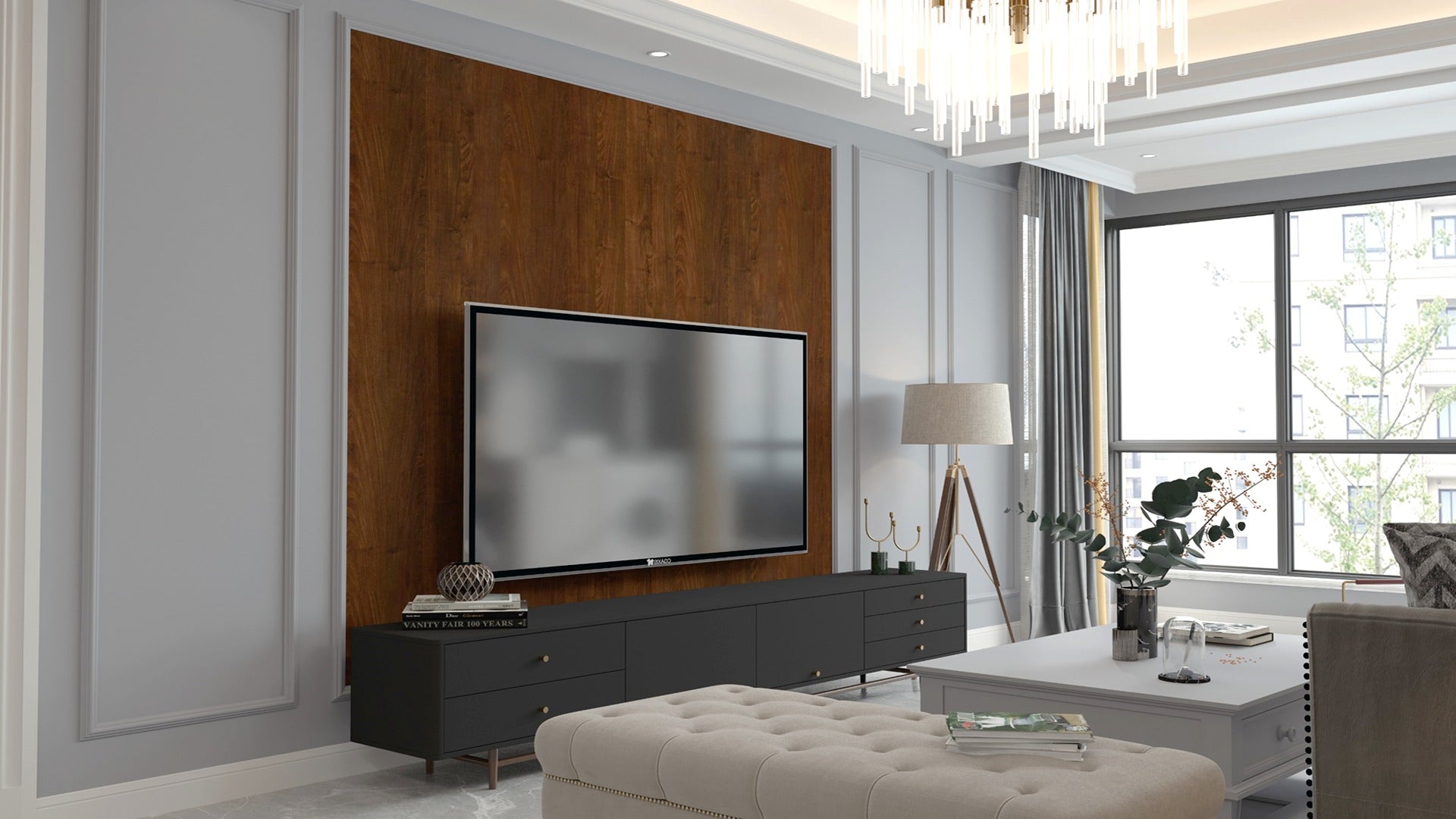 Brown wood grain laminate wall with matte finish in a modern living room setting with TV and furniture.
