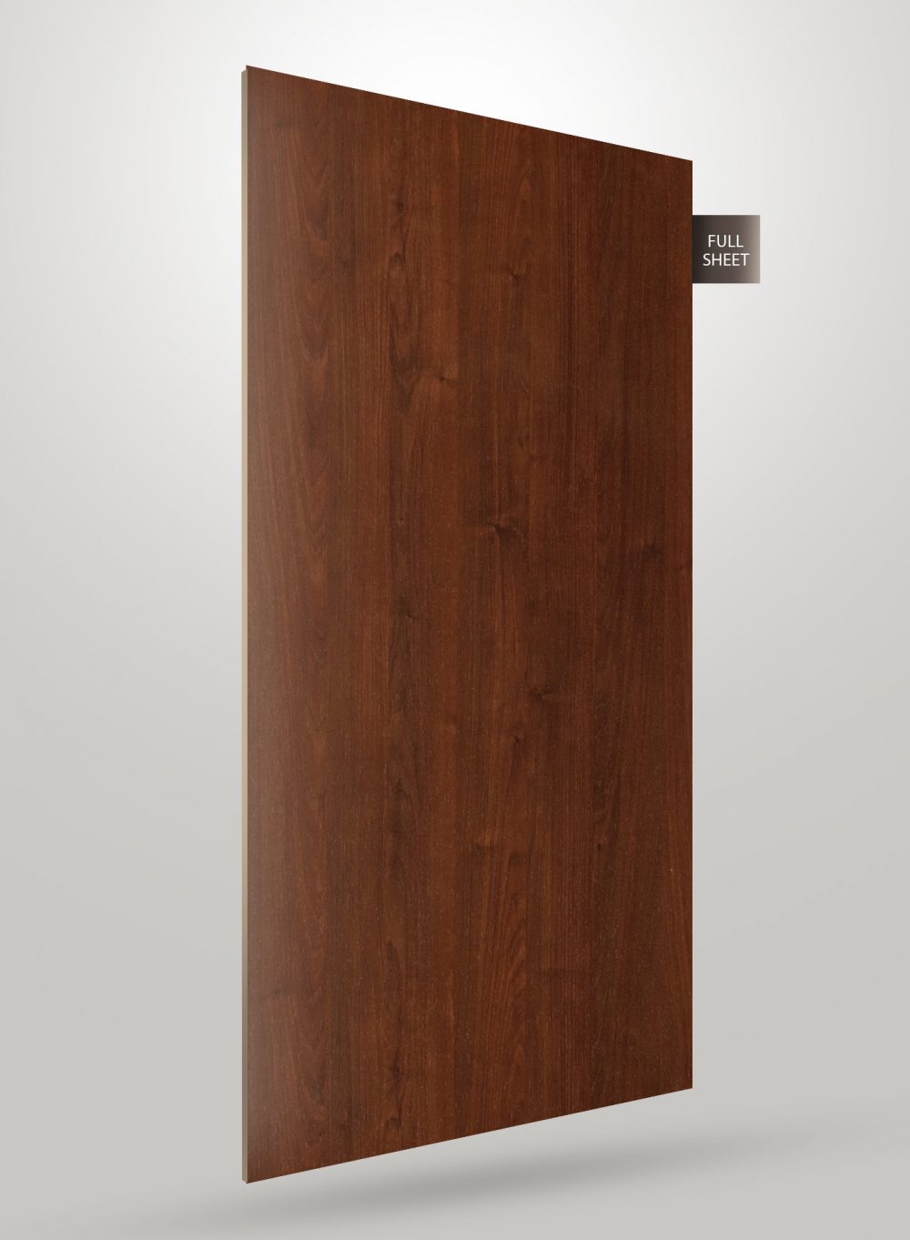 Brown wood grain decorative laminate with matte finish and visible wood texture, displayed as a full sheet.