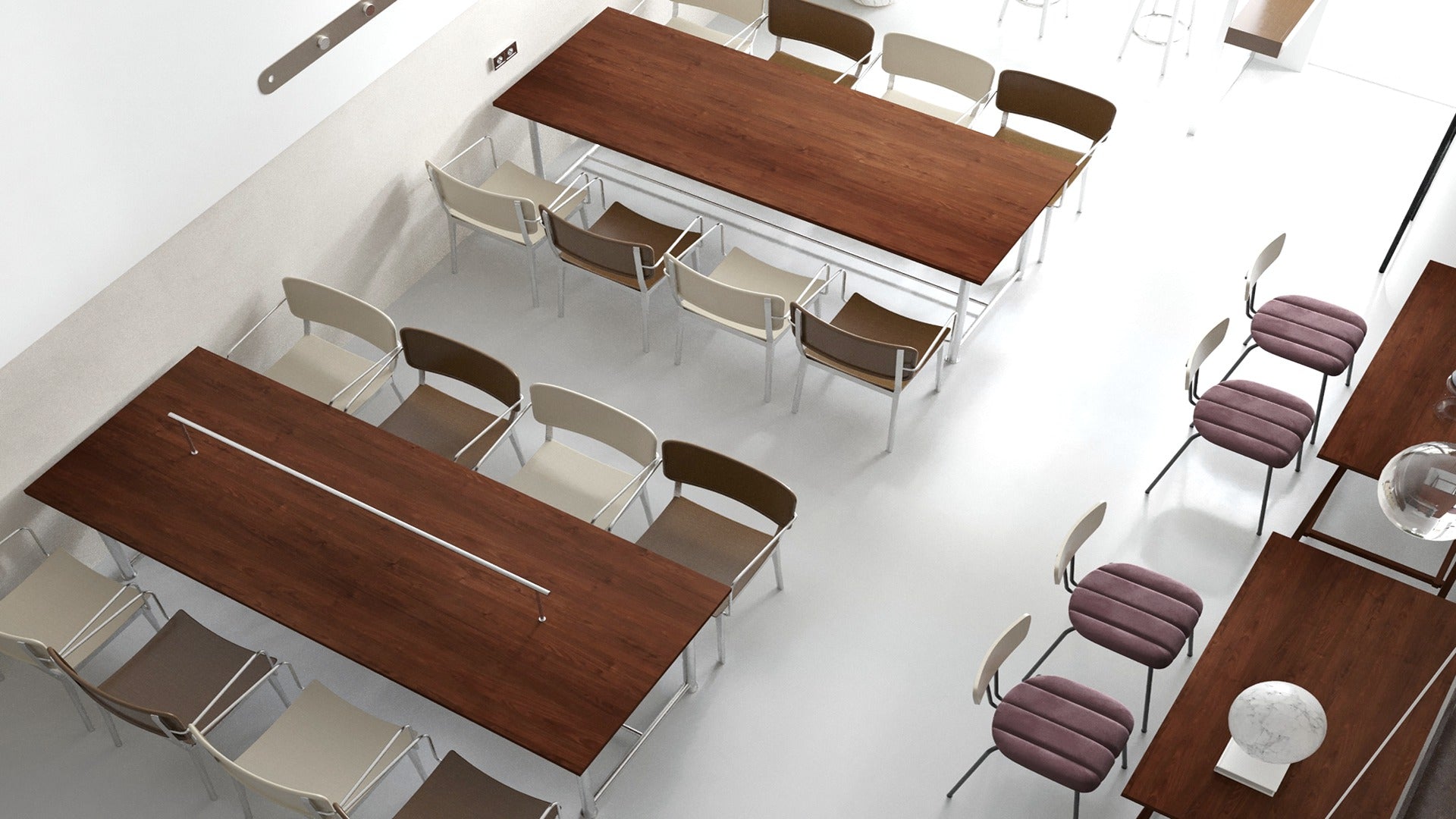 Brown wood grain laminate table tops with matte finish in a modern office setting with various chairs.