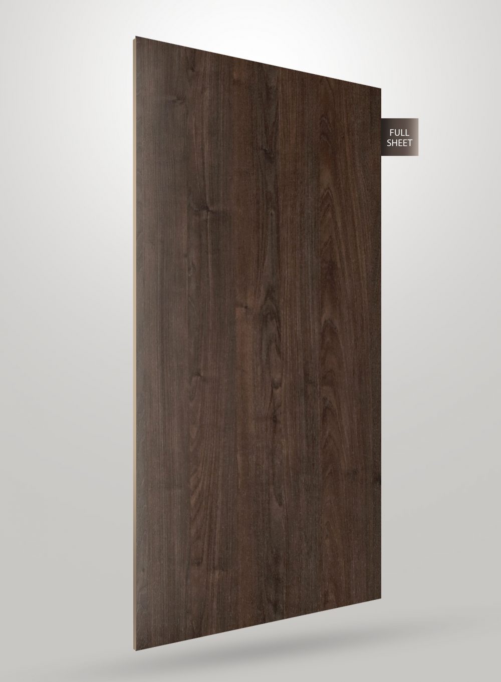 Brown wood grain laminate sheet with matte finish and visible wood texture, displayed as full sheet.