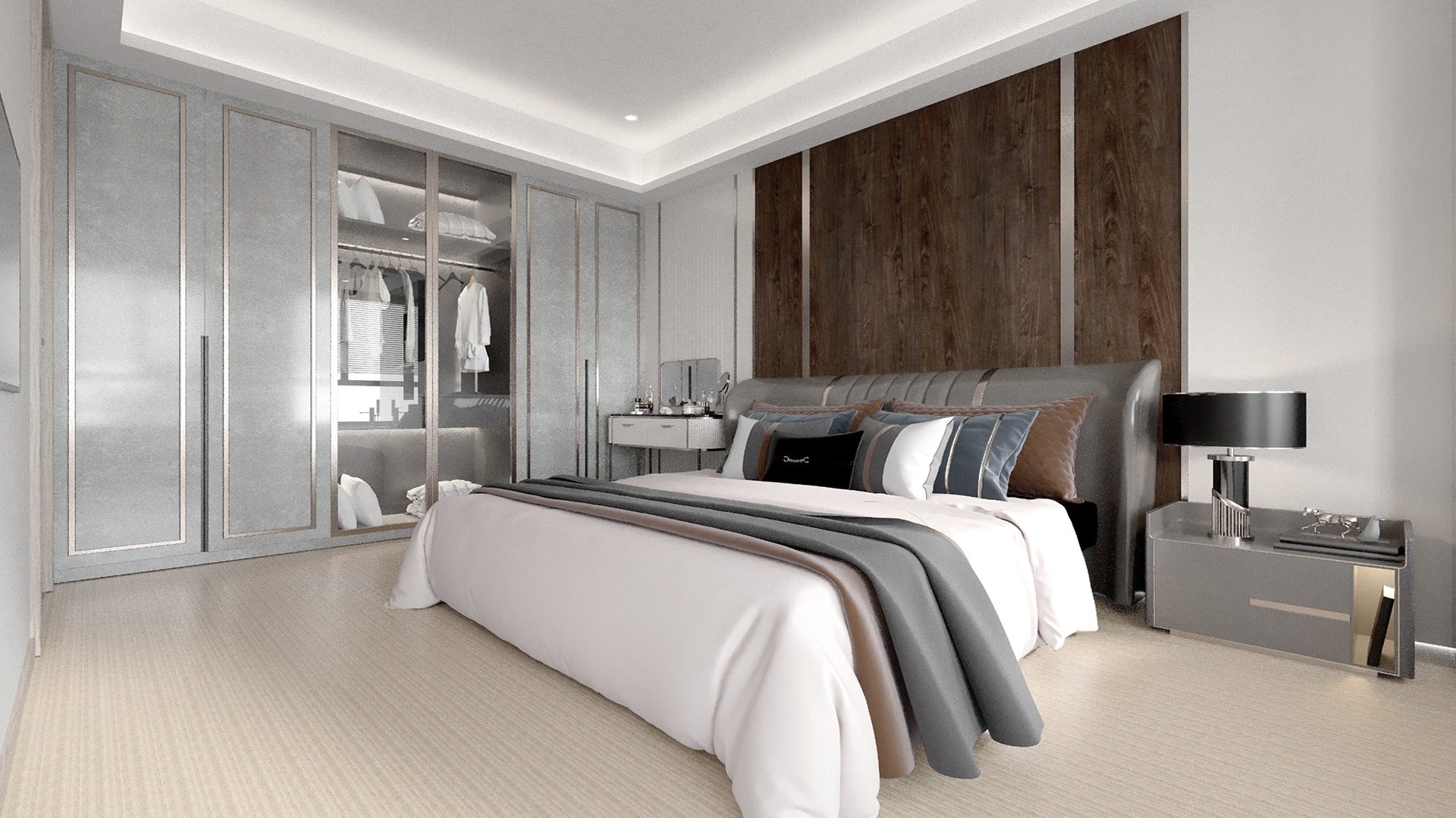 Brown wood grain laminate wall panel with matte finish in modern bedroom setting