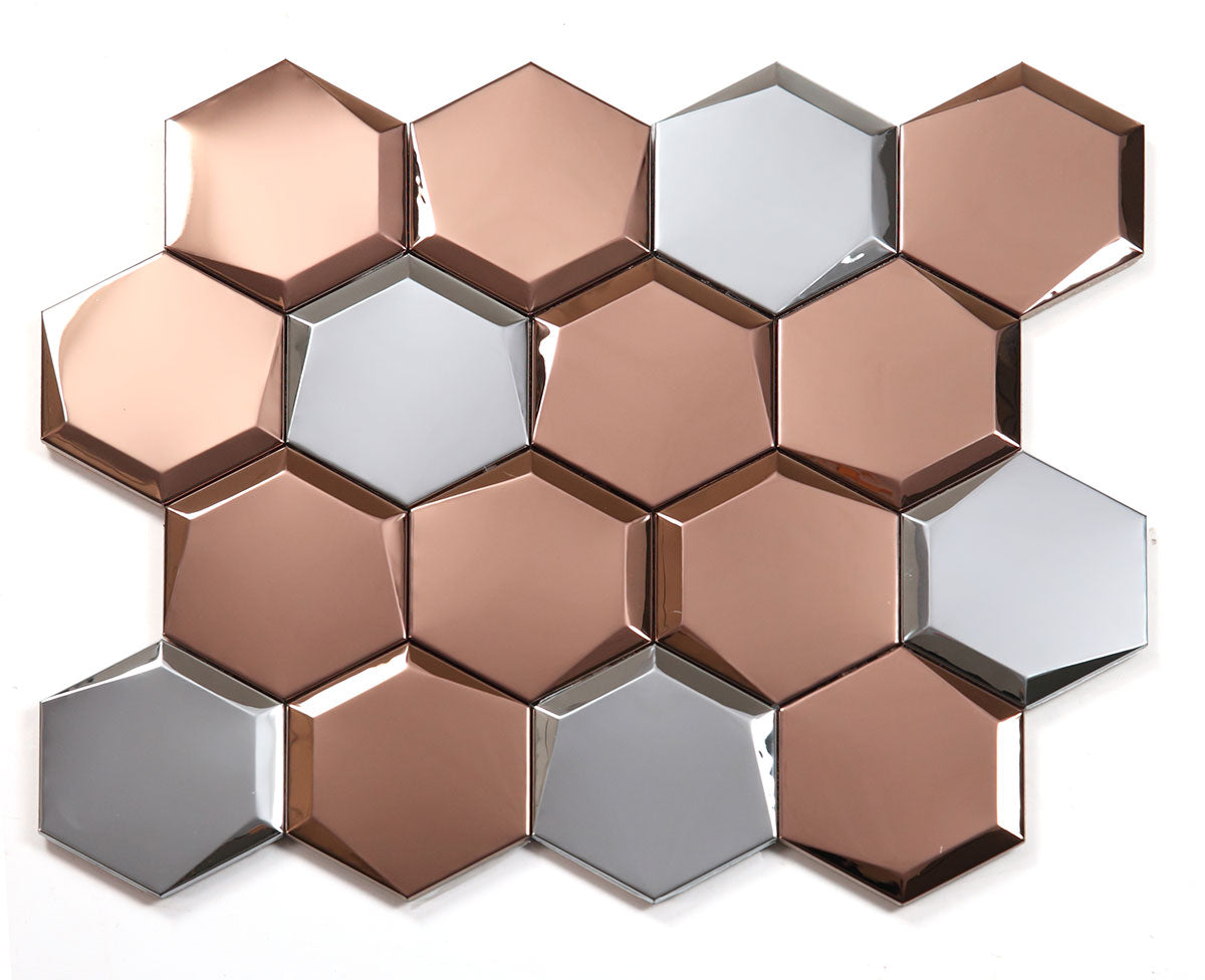Multicolored metallic designer louvers with hexagonal pattern and reflective sheen in rose gold and silver hues on a white