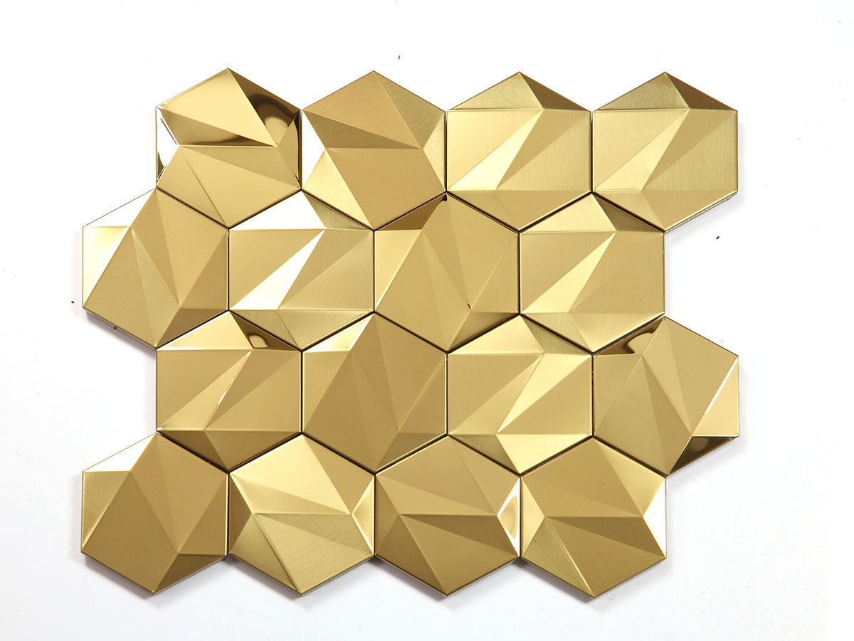 Gold metallic louver panel with textured hexagonal pattern and shiny finish