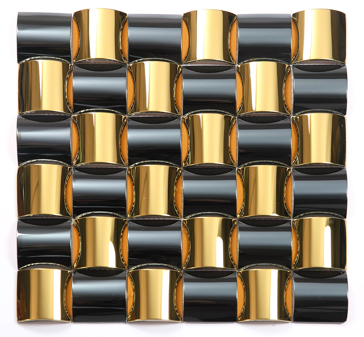 Gold metallic louver panel with textured finish and shiny reflective surface, featuring cylindrical pattern and grid
