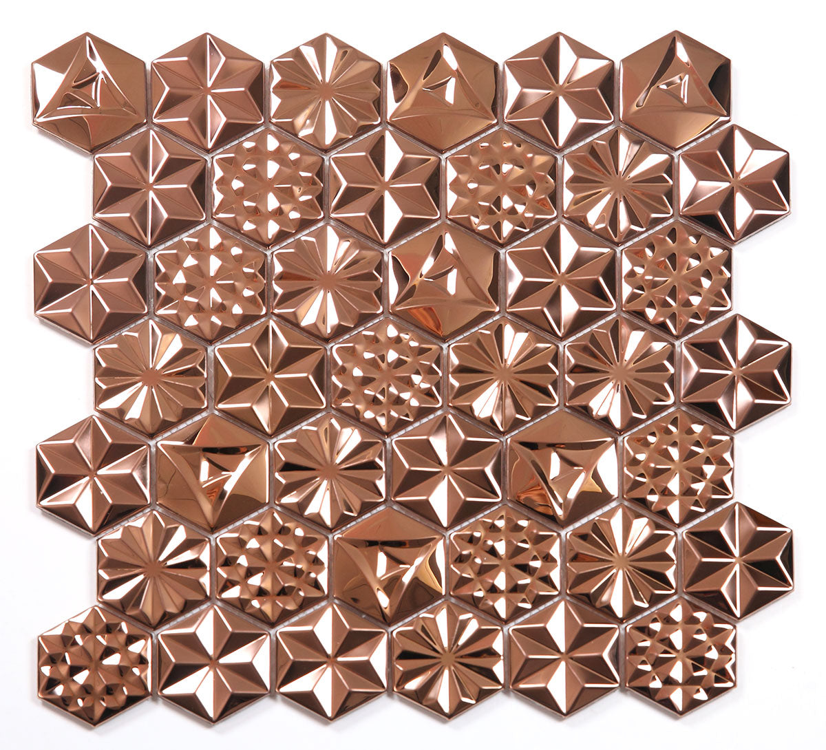 Multi-colored metallic louver panel with textured hexagonal pattern and varying starburst designs on a white background.