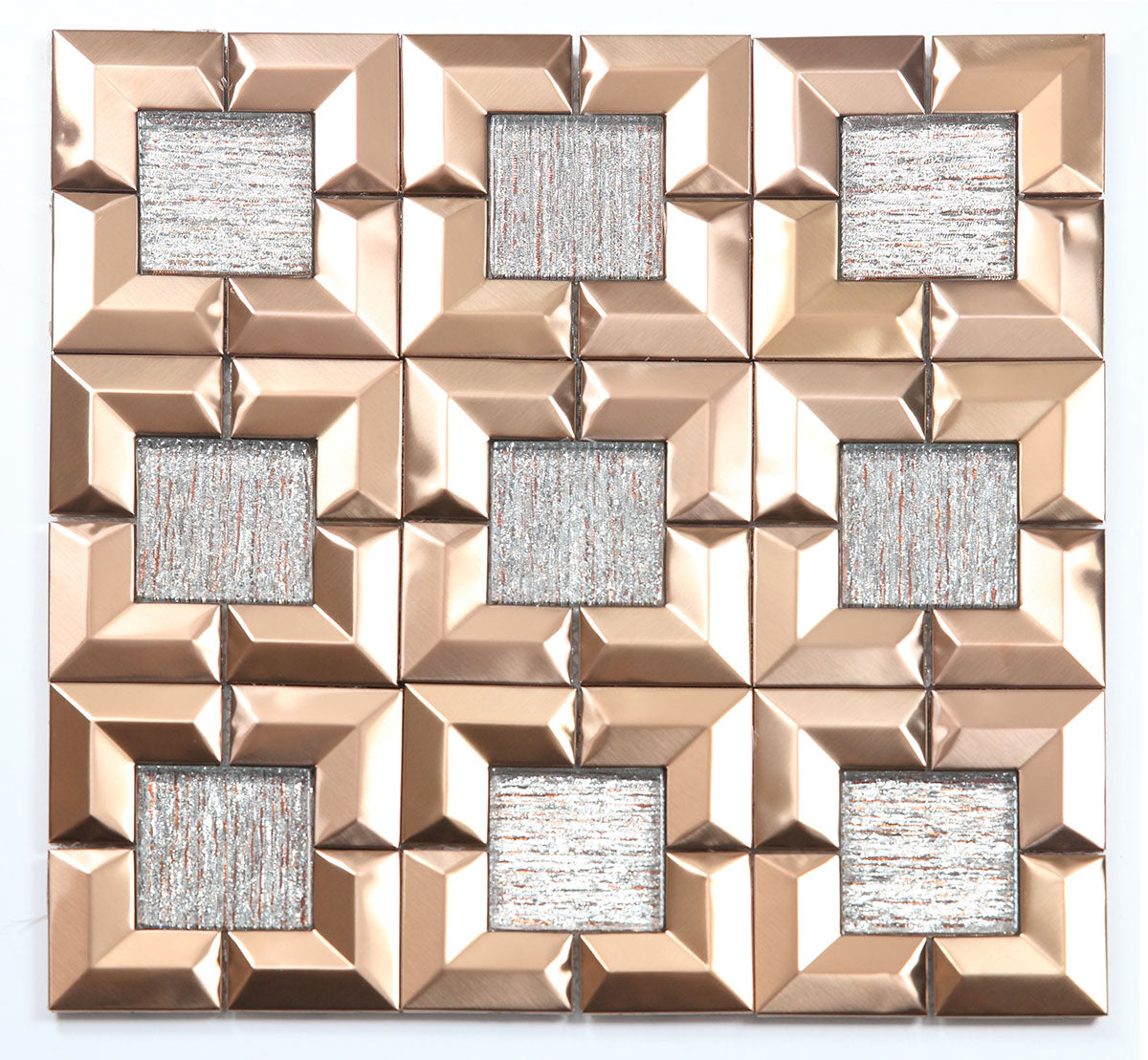 Gold metallic louver panel with textured geometric pattern and silver accents, featuring pyramid shapes and brushed finish.