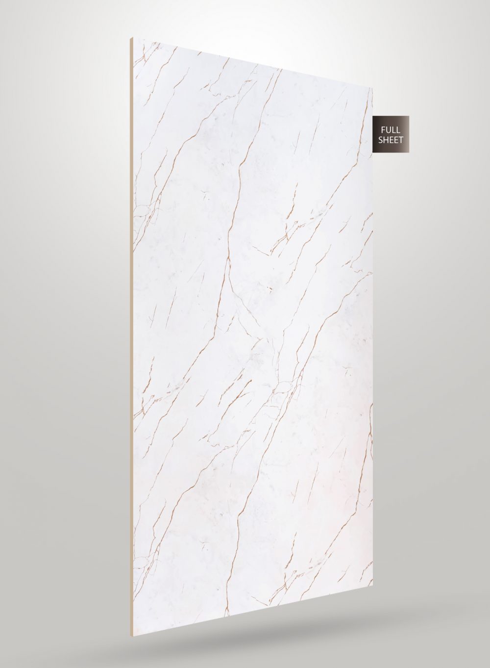 White marble laminate sheet with gold veining and matte finish, shown at an angle with visible edge.