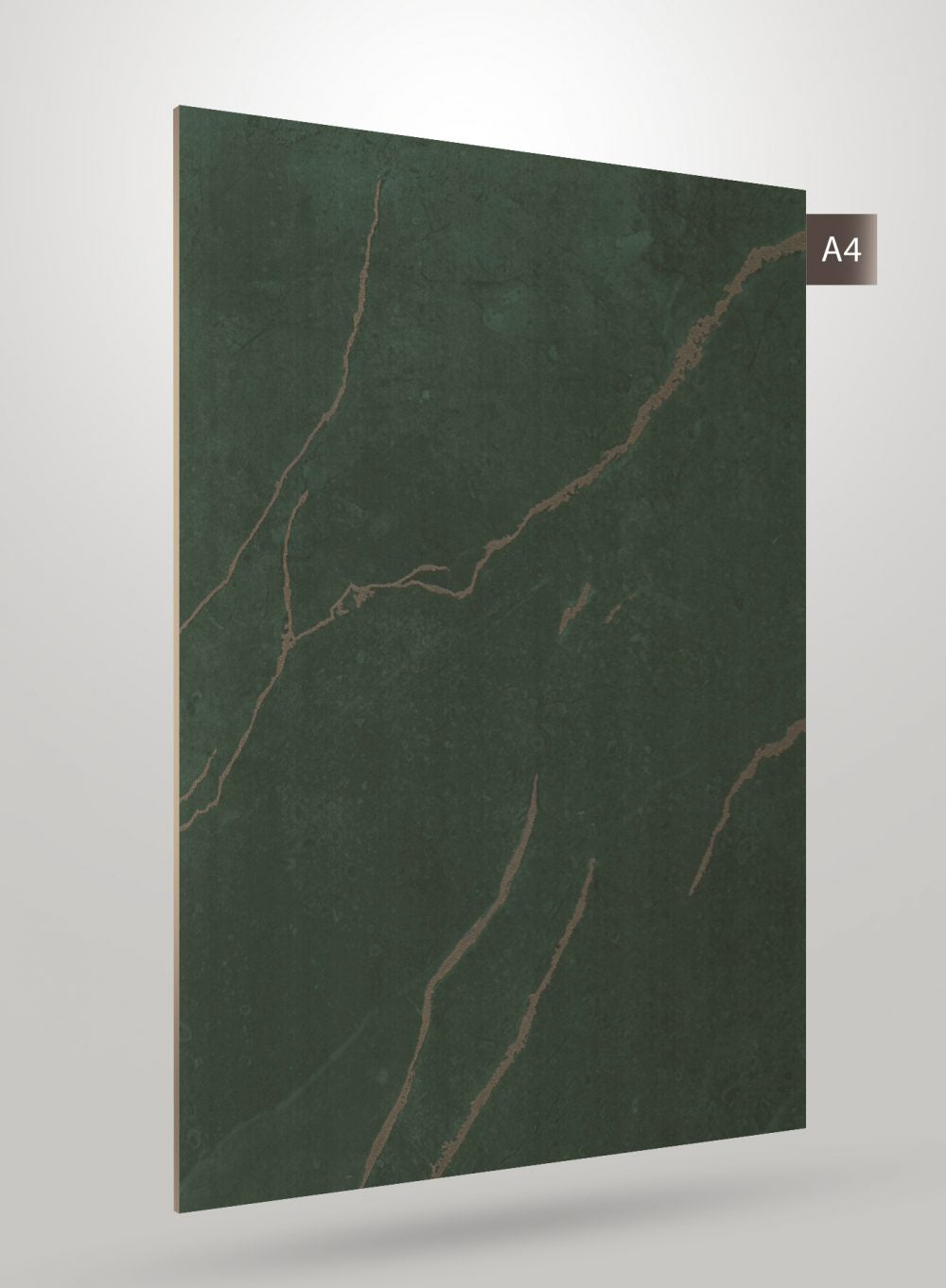 Green marble laminate sheet with matte finish and beige veining pattern, displaying a stone-like texture and subtle sheen.