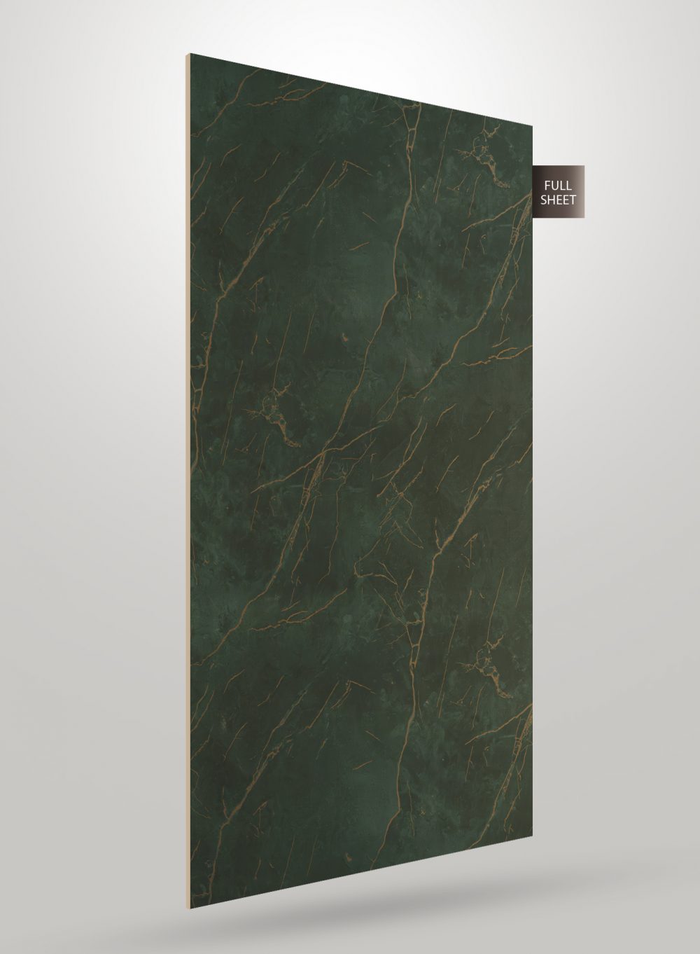 Green marble laminate sheet with gold veining and matte finish displayed on a gray background with full sheet label.