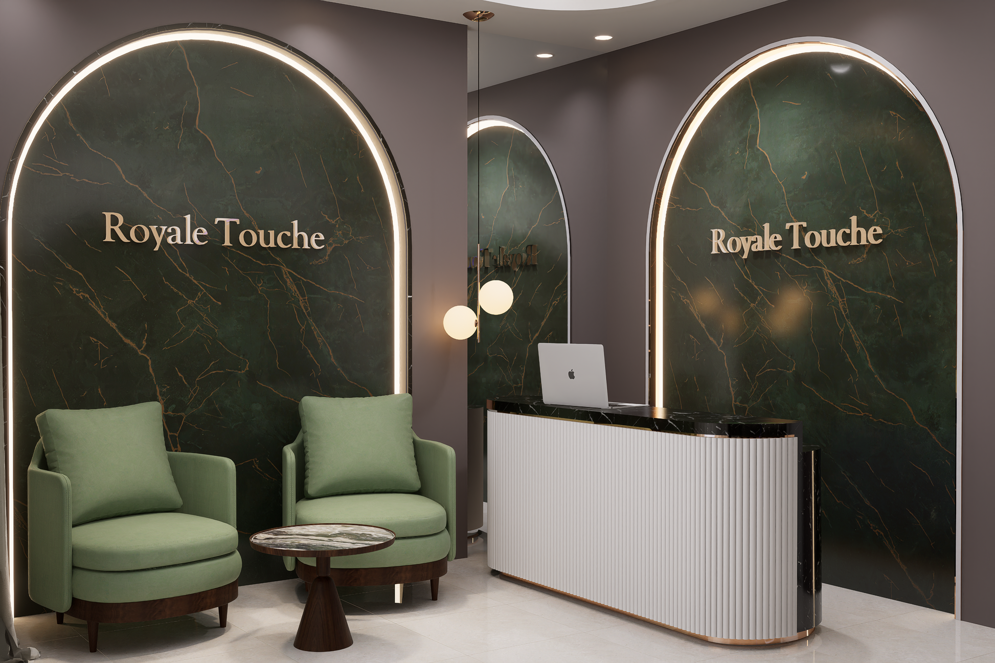 Green marble laminate wall with gold veining and matte finish in a modern reception area with arched accents