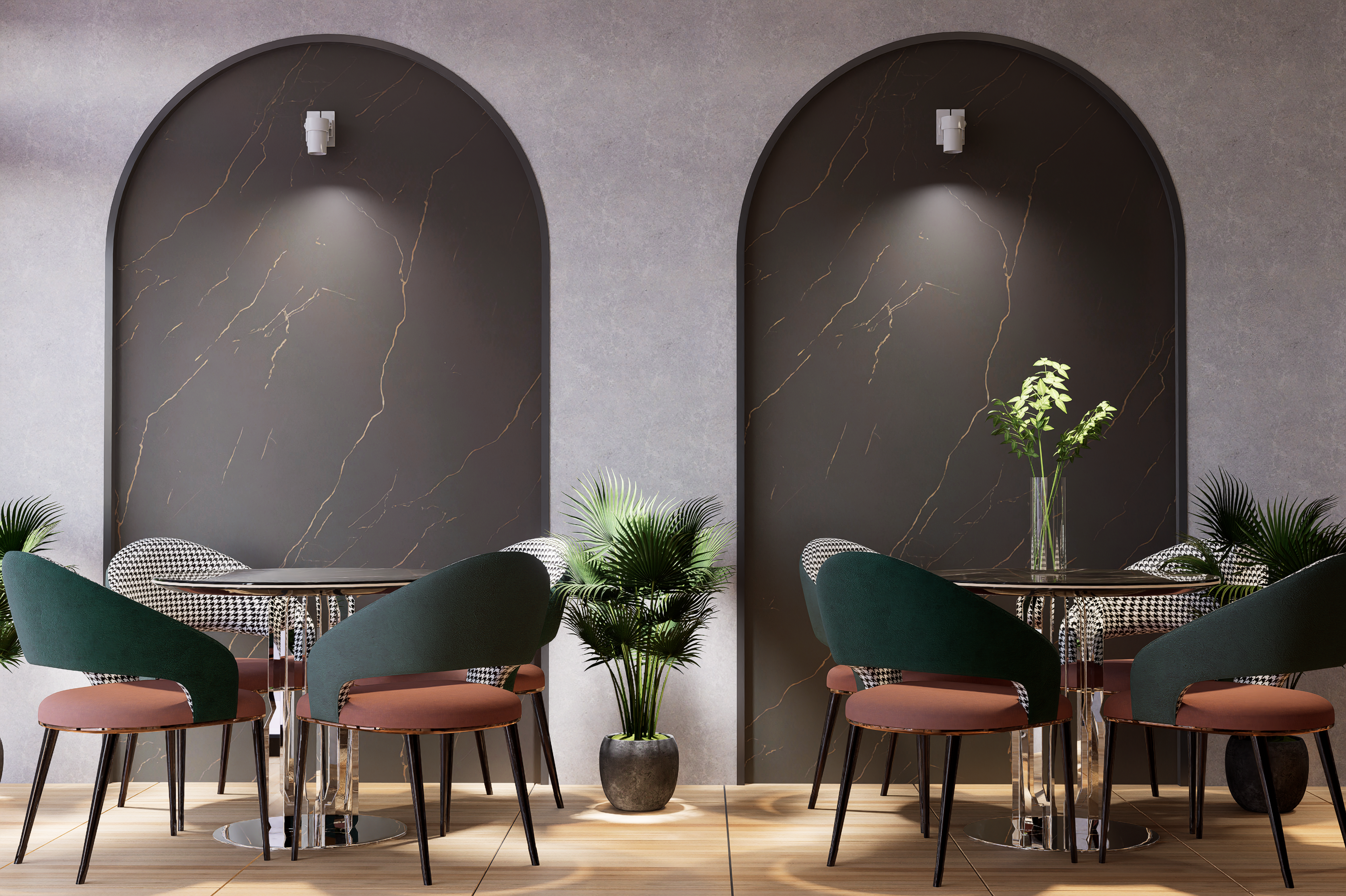 Dark grey marble laminate with gold veining on arched wall panels in a modern dining room setting with green chairs