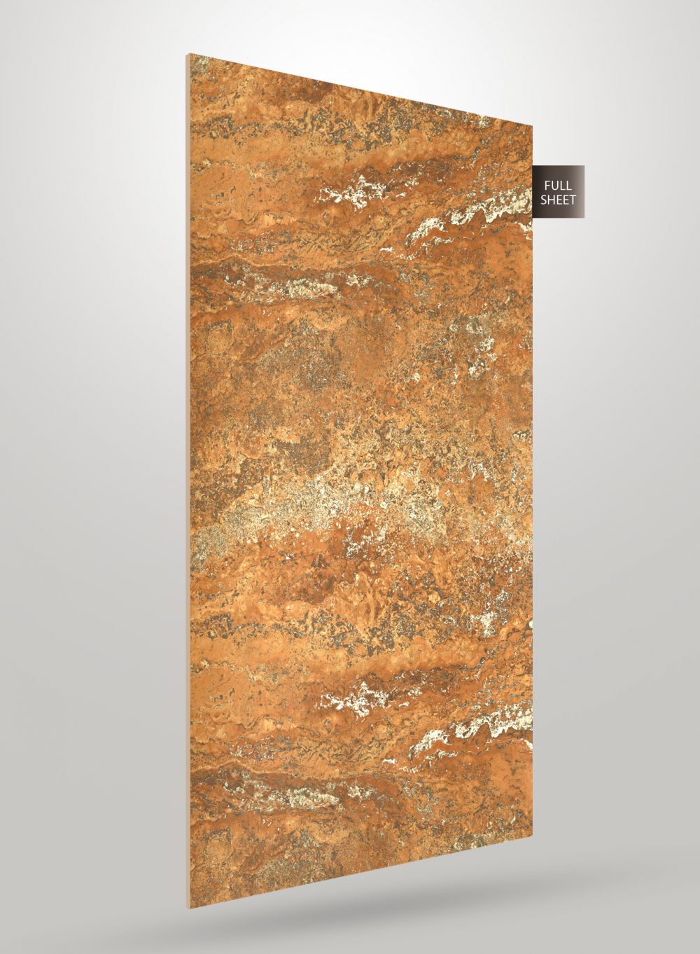 Brown marble laminate sheet with textured pattern and matte finish, labeled full sheet on corner.