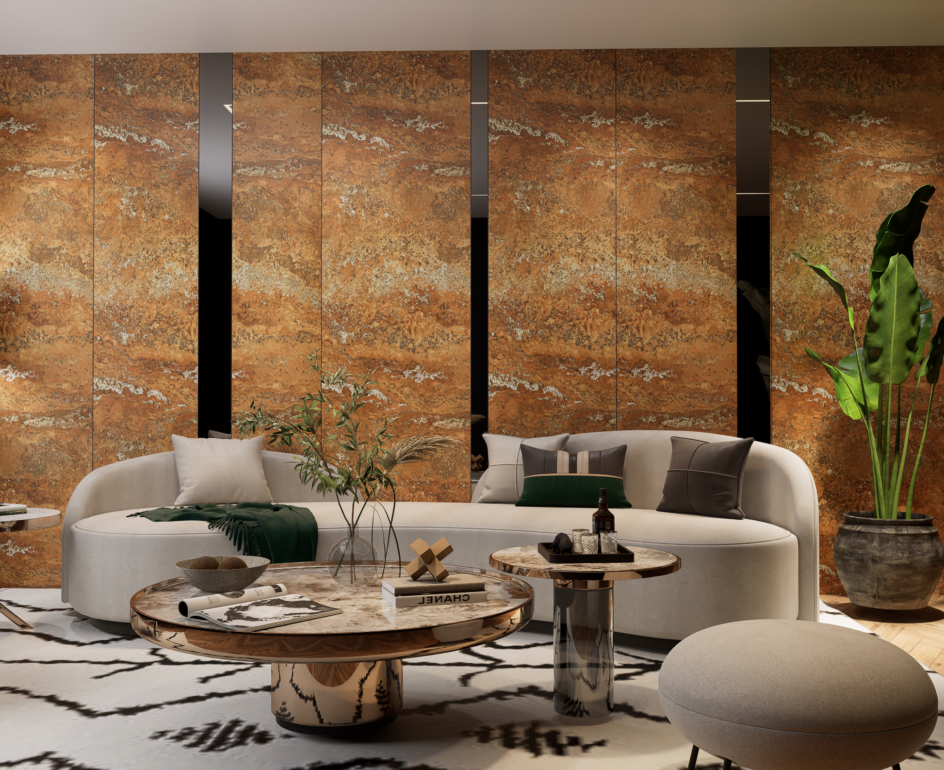 Brown marble laminate wall with white veining in a modern living room with beige sofa and decorative plants