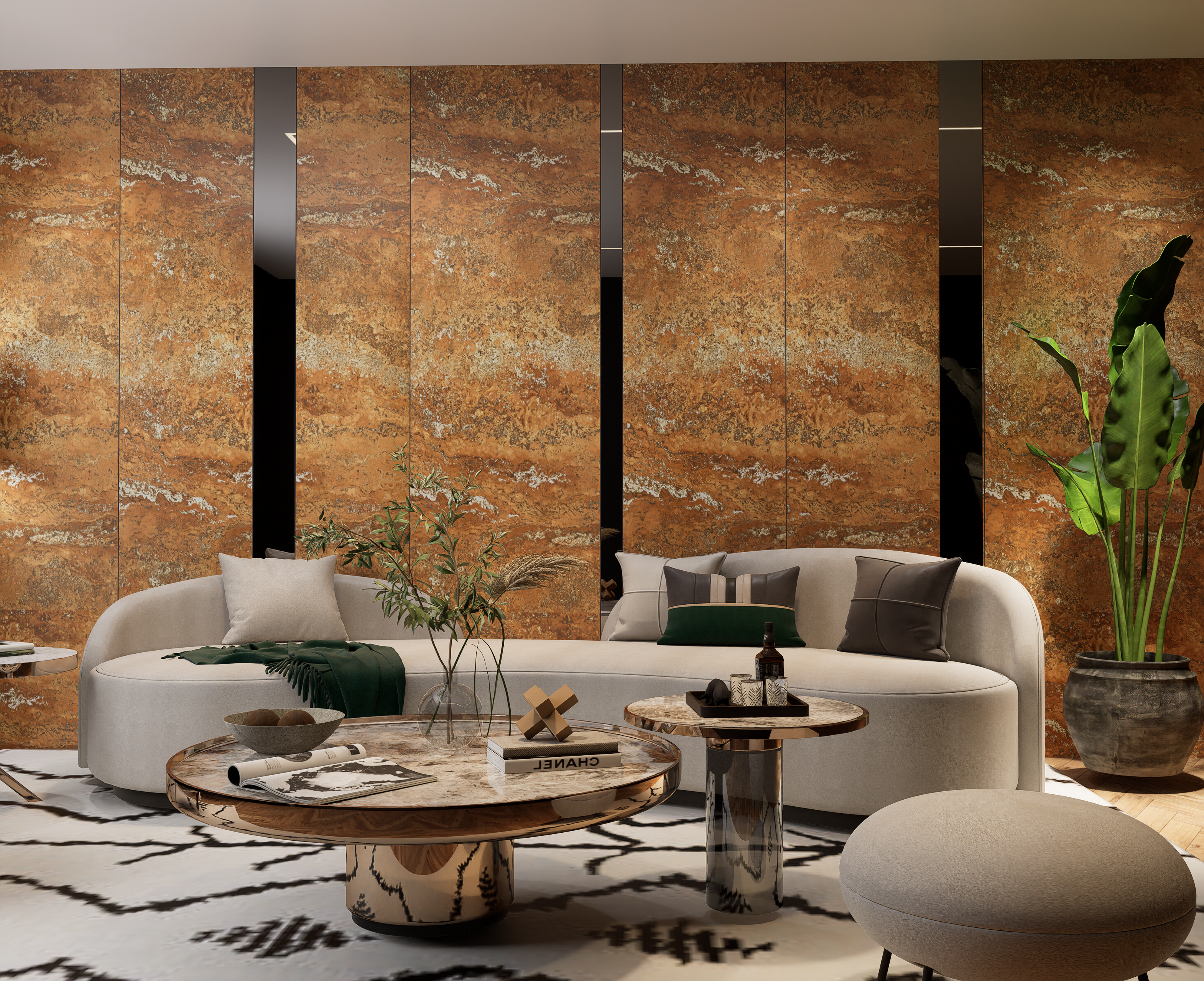 Brown marble laminate wall with white veining in a modern living room with beige sofa and decorative plants