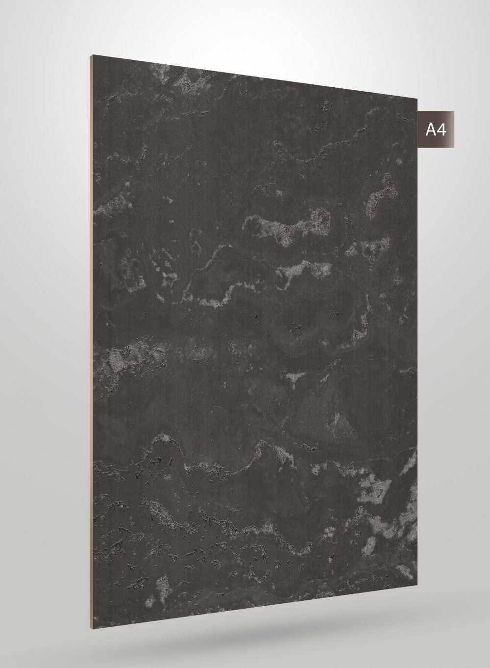 Grey marble laminate with matte finish and textured surface, showing veining pattern and subtle sheen variation.
