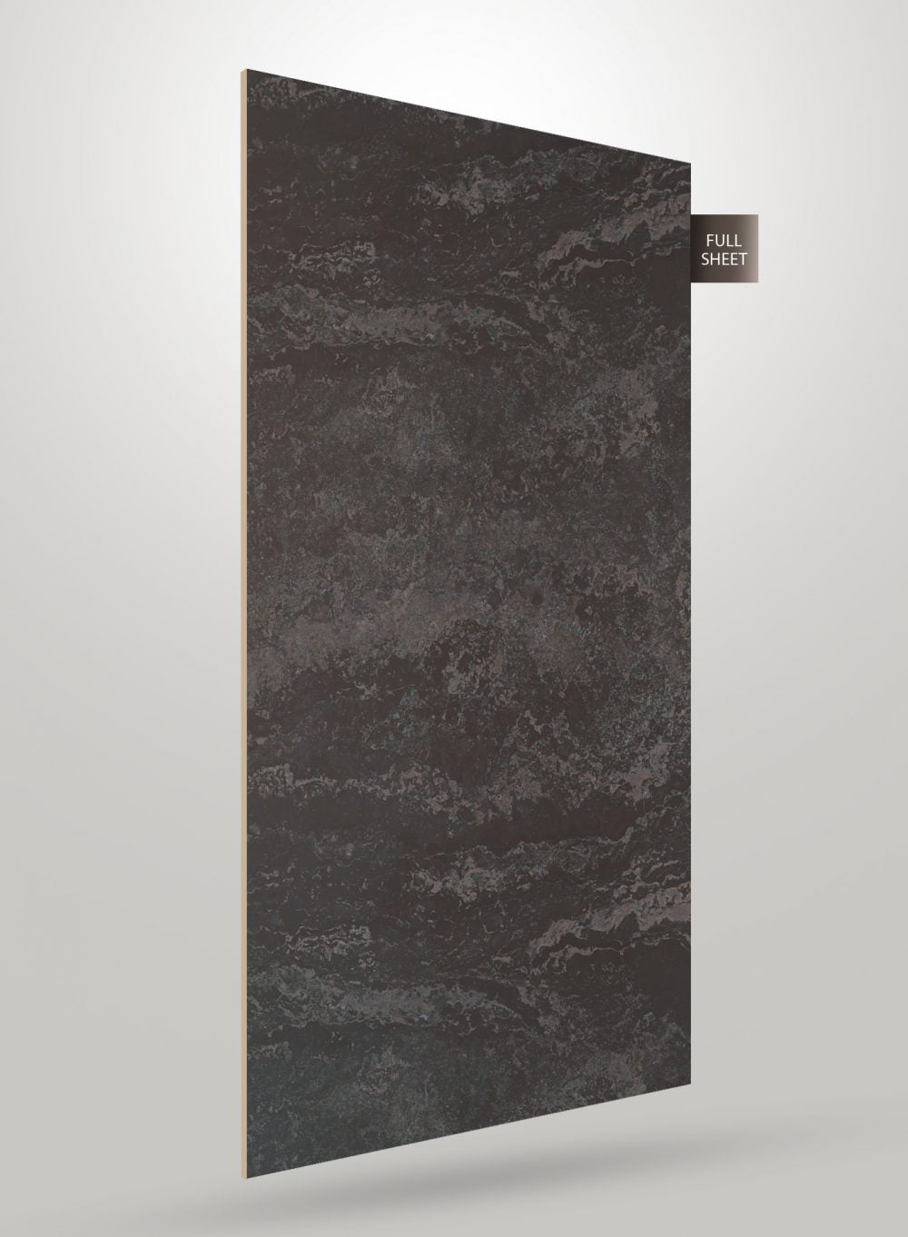 Grey marble laminate sheet with matte finish and textured pattern, displayed at an angle with full sheet label.