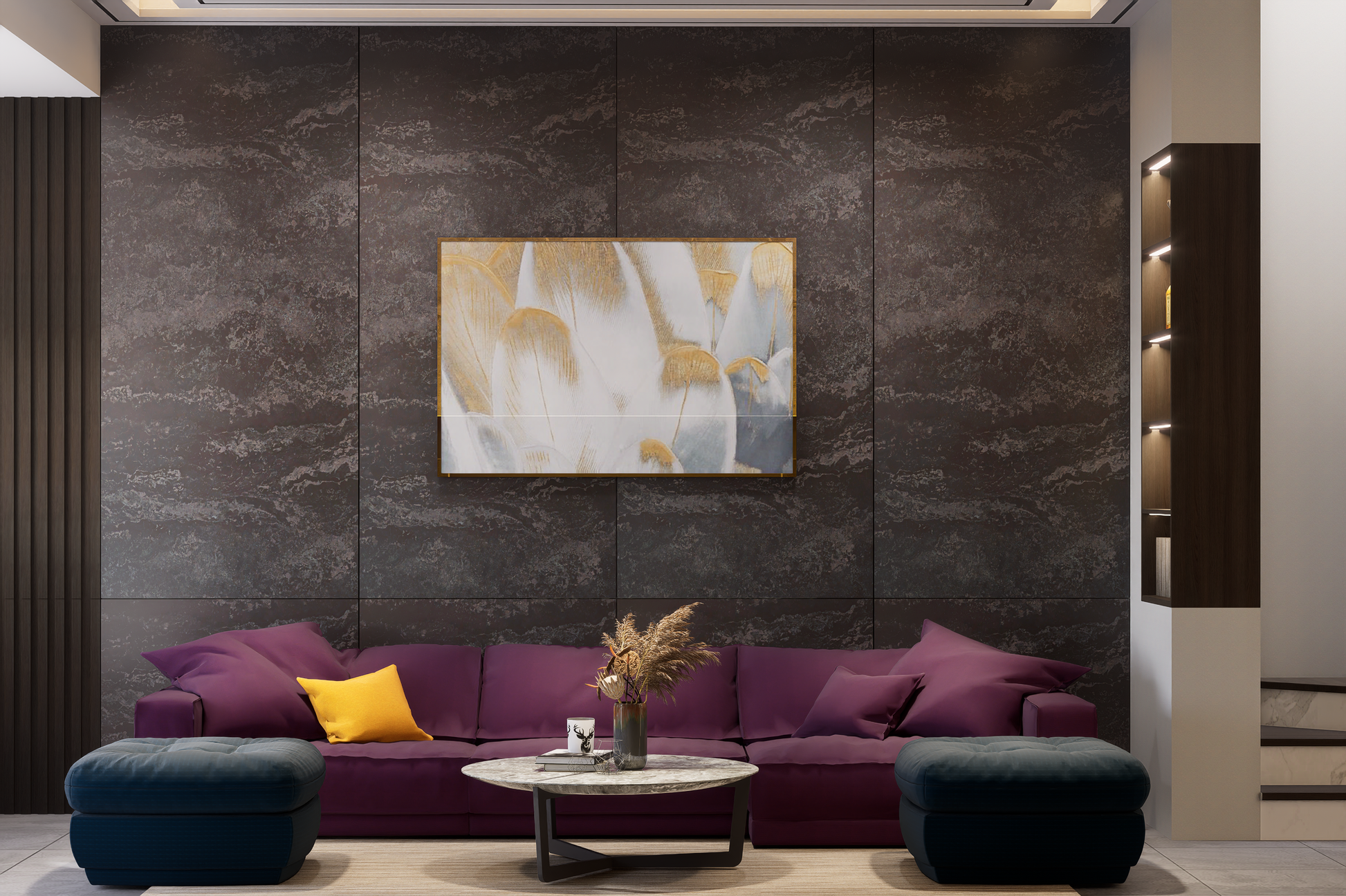 Grey marble laminate wall with subtle texture and matte finish in a modern living room setting with purple sofa