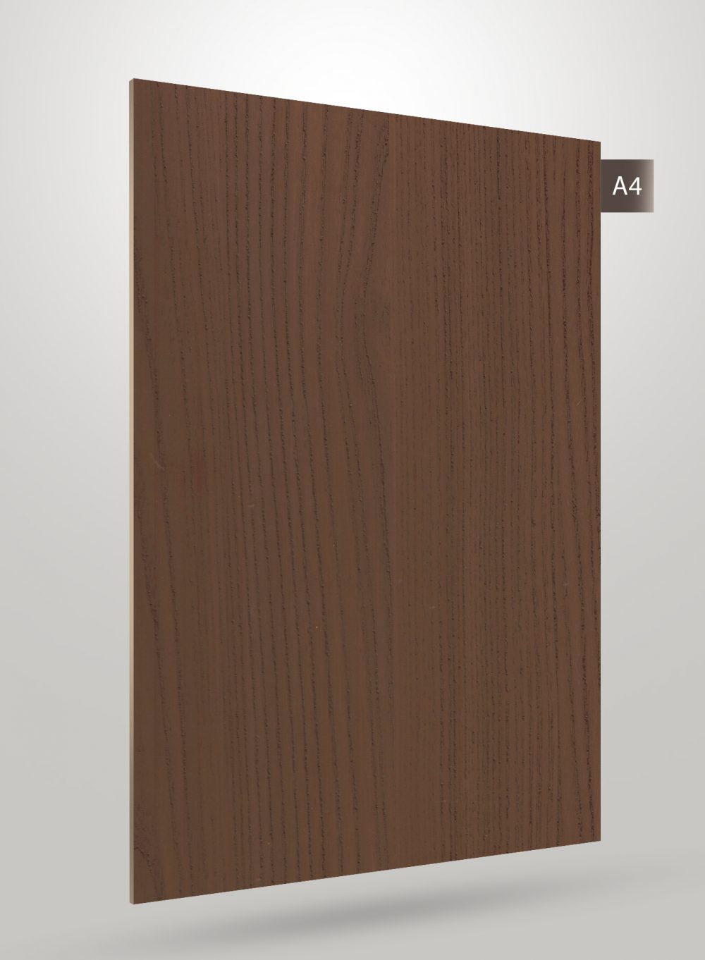 Brown wood grain decorative laminate with matte finish and vertical wood pattern texture.