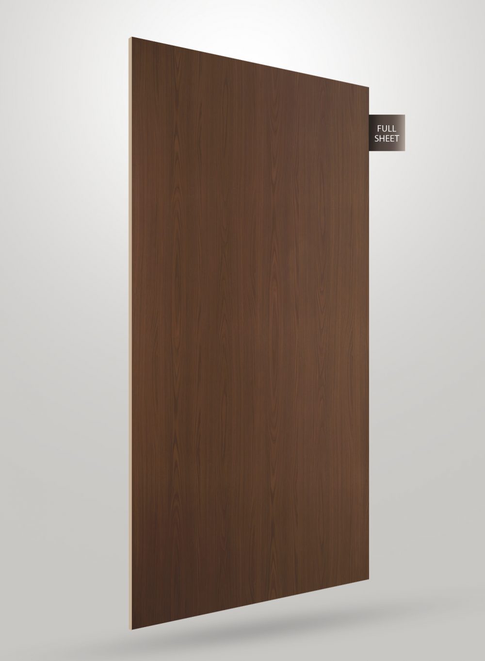 Brown wood grain decorative laminate sheet with matte finish and visible wood texture, labeled full sheet.