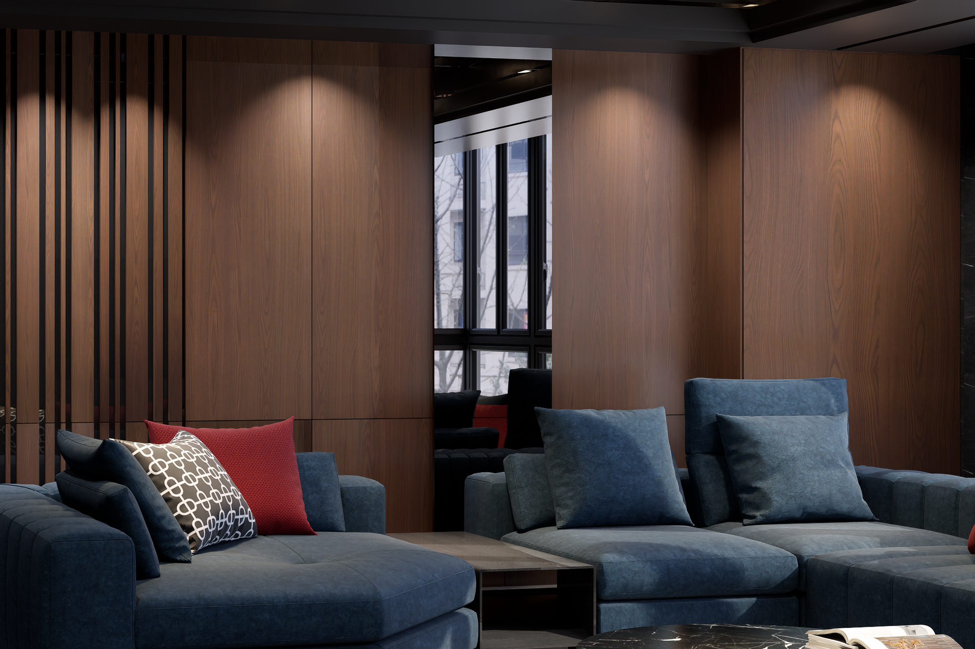 Brown wood laminate wall with wood grain texture in modern living room with blue sofas and patterned cushions