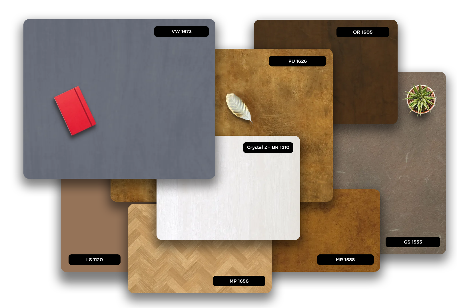 Multicolored patterned laminate samples with matte finish and various textures displayed together with product codes.