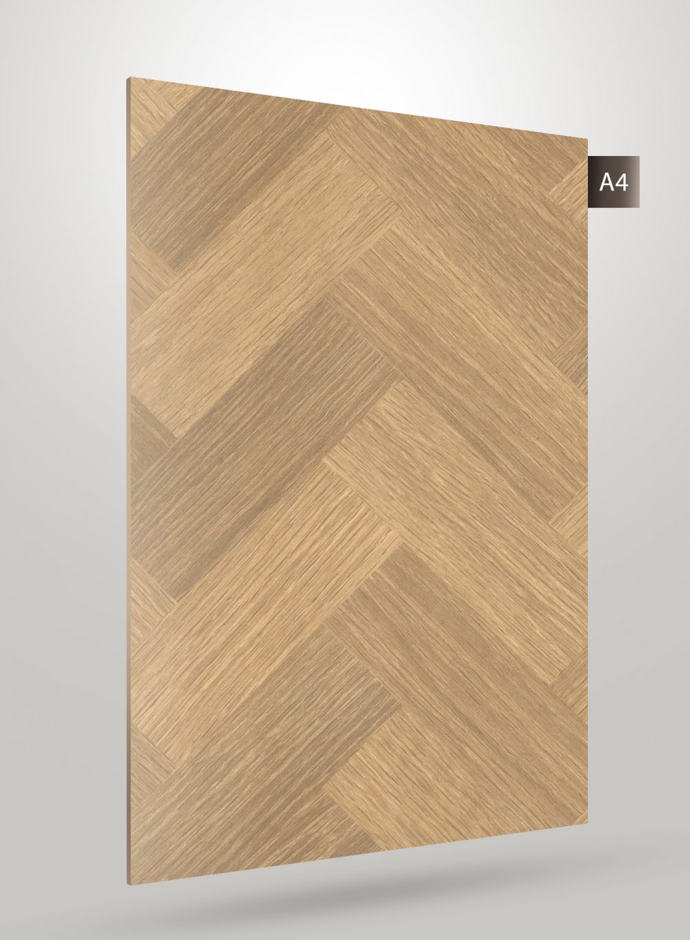 Multi-coloured patterned laminate with herringbone design and matte finish, showing wood grain texture and diagonal pattern