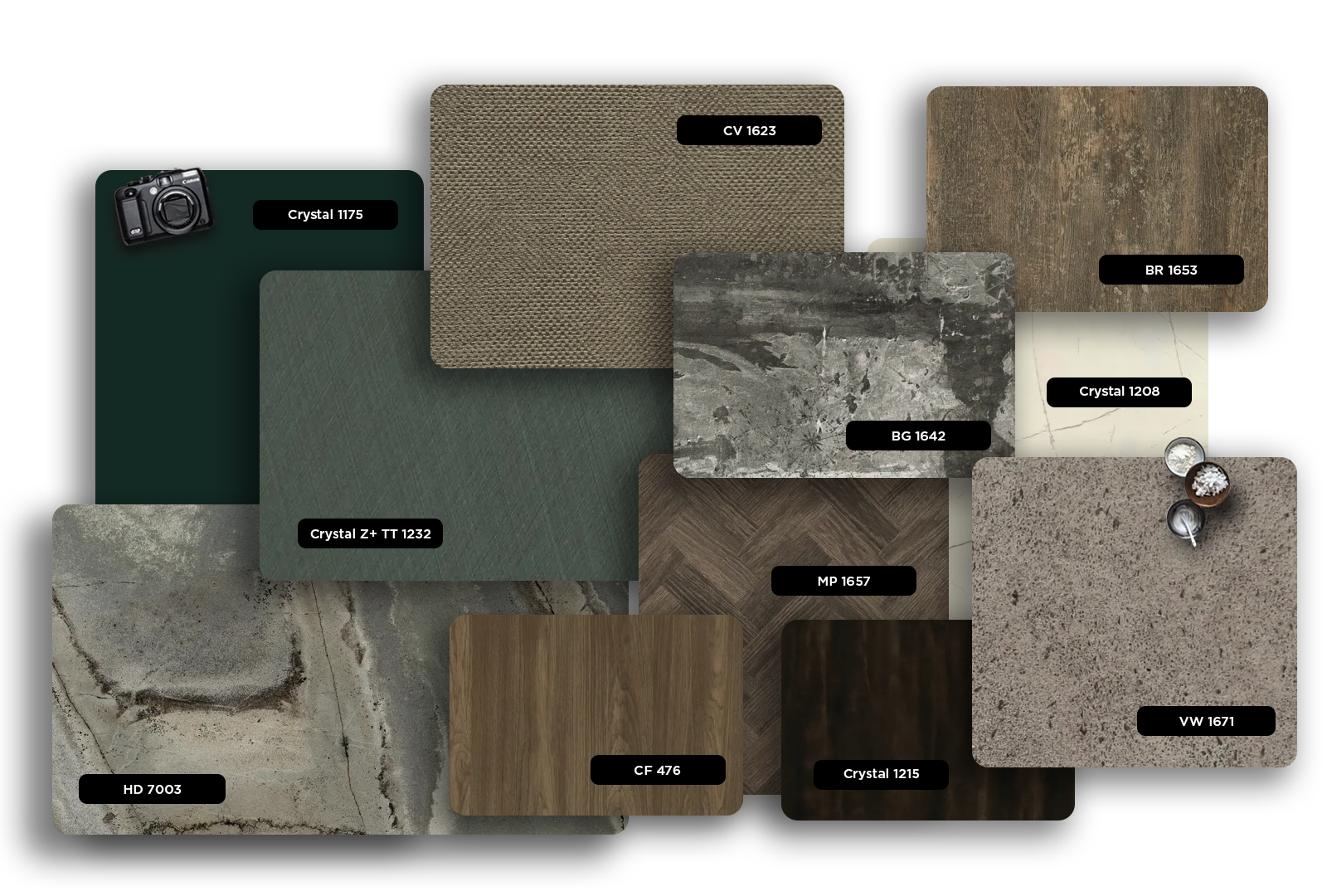 Multicolored patterned laminate sample with matte finish and various textures, part of a decorative laminate collection.