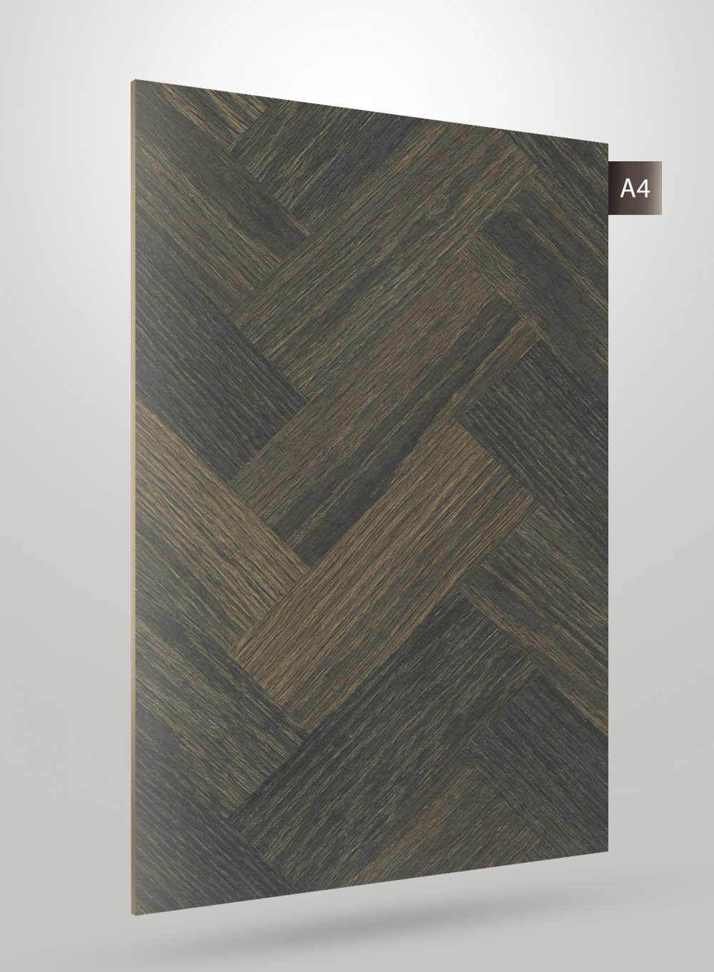 Multi-coloured herringbone patterned laminate with matte finish and wood grain texture visible on the surface.