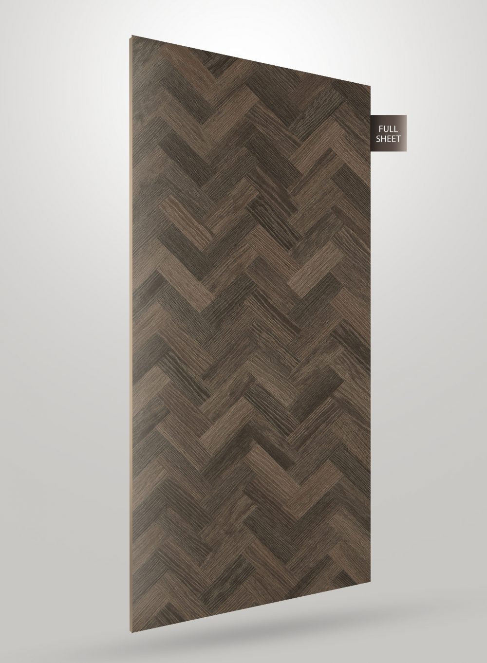Multi-coloured herringbone patterned laminate with matte finish and visible wood grain texture.