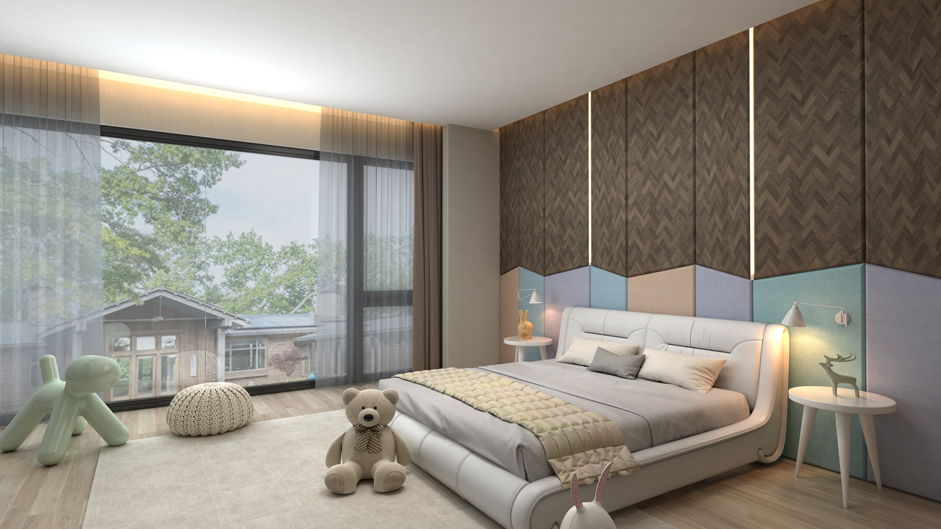 Multi-colour patterned laminate with matte finish on bedroom wall featuring chevron design and textured surface.