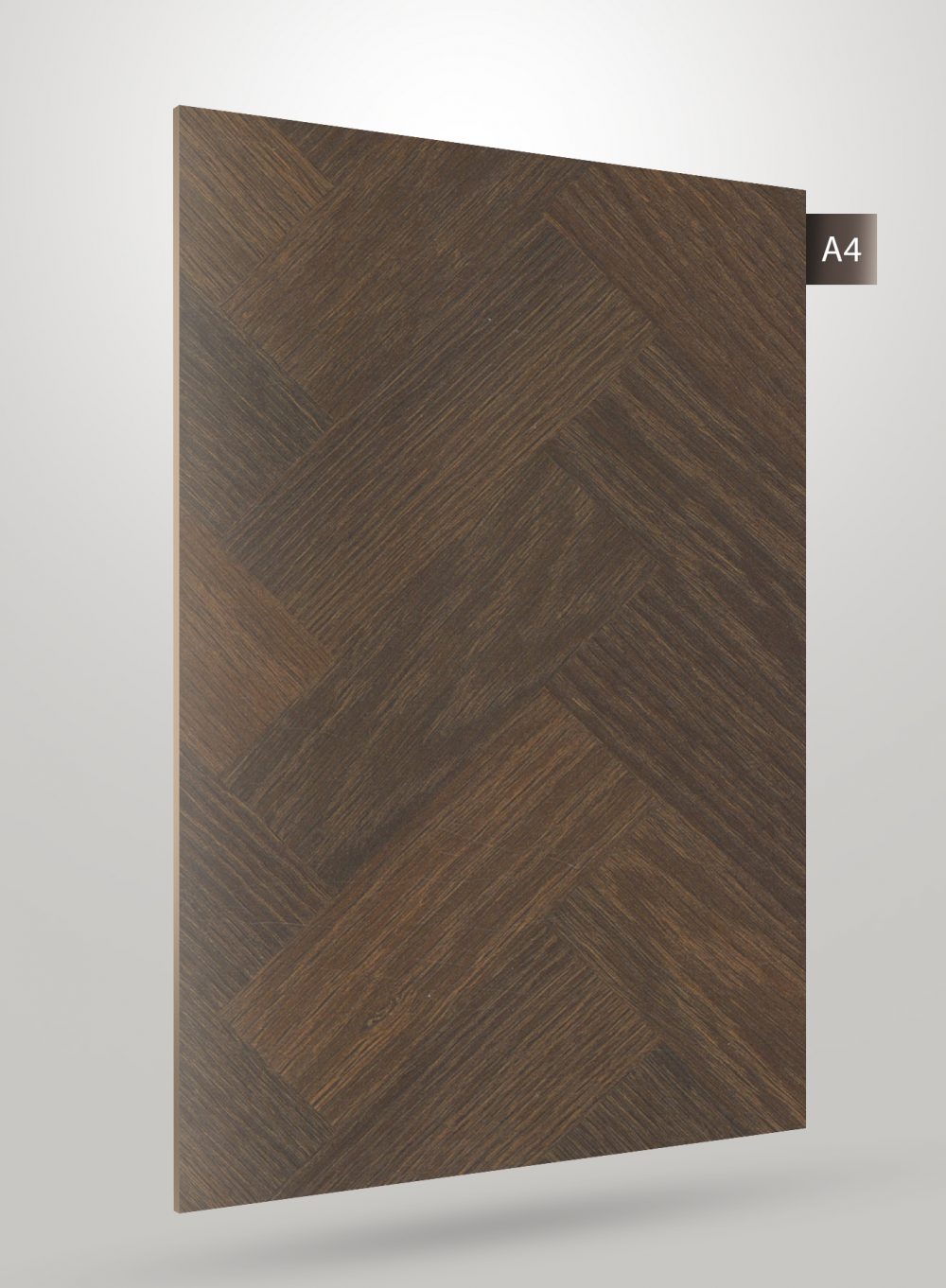 Brown herringbone patterned laminate with matte finish and wood grain texture, showcasing diagonal chevron design on a